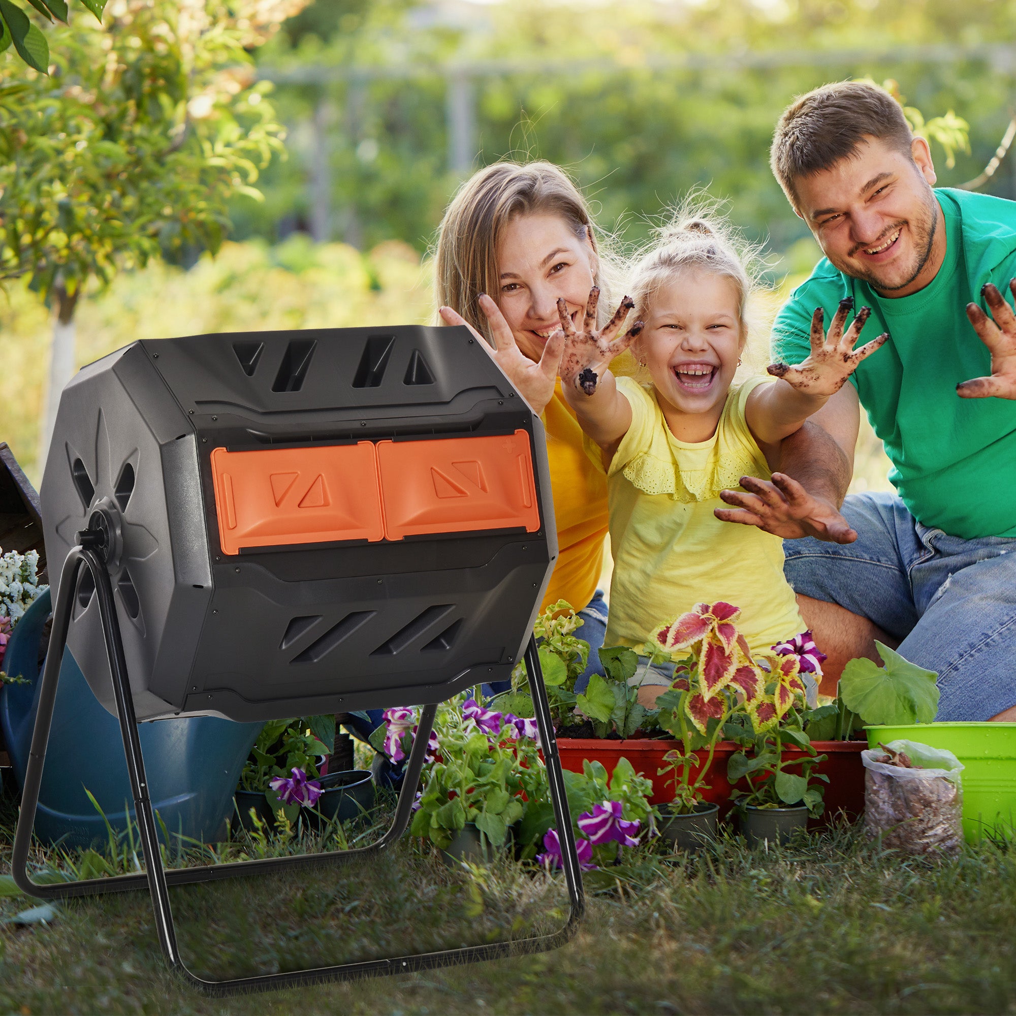Tumbling Compost Bin Outdoor 360° Dual Chamber Rotating Composter 43 Gallon