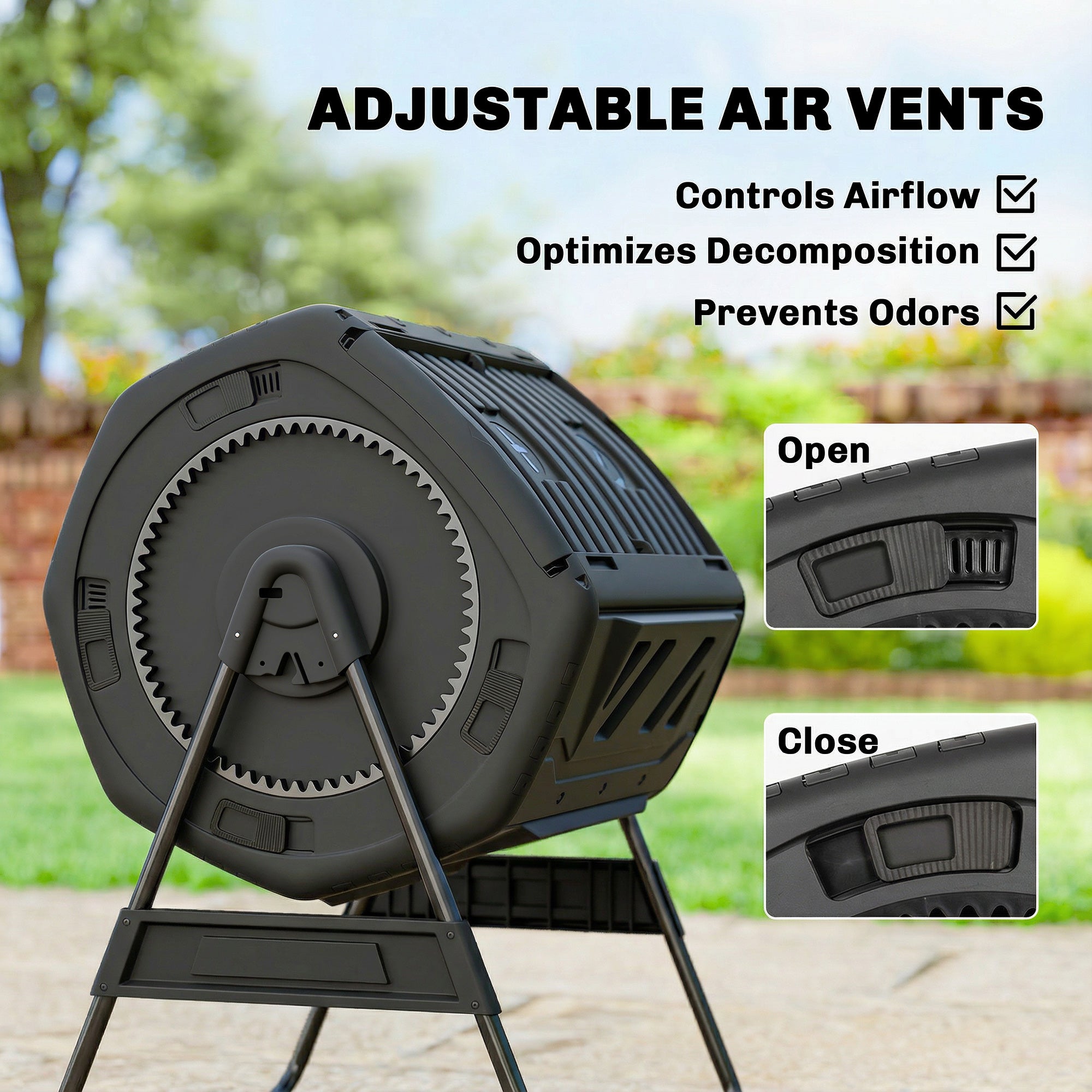 Compost Bin Outdoor, 53 Gal Dual Chamber Tumbling Composter with Adjustable Vents, BPA Free Tumbling Composter
