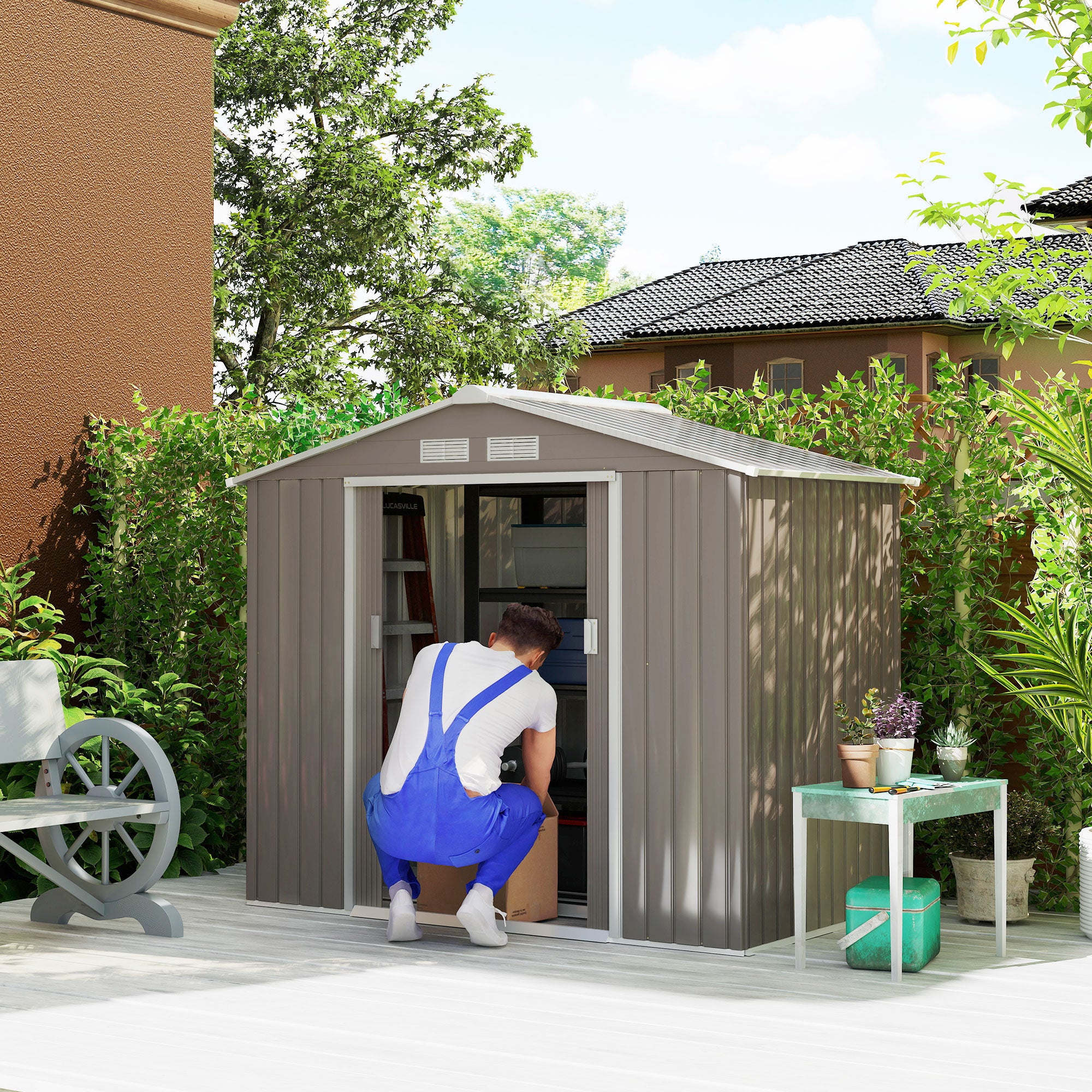 7' x 4' Outdoor Storage Shed, Garden Tool Metal Shed with Foundation Kit, Double Lockable Door, Air Vents and Sloping Roof, for Backyard, Patio, Lawn