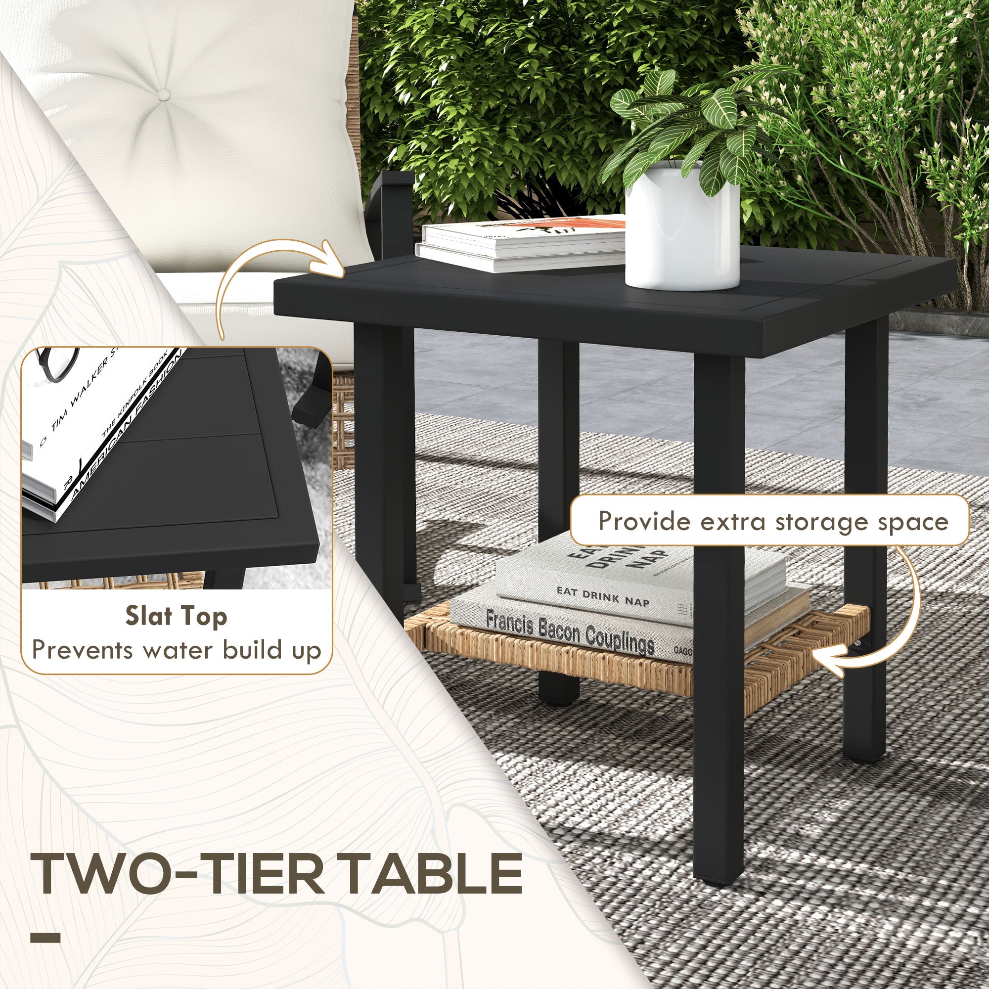 3 Pieces Bistro Set, Patio Wicker Furniture Set with Button Tufted Cushions, Rattan Rocking Chairs, Coffee Table