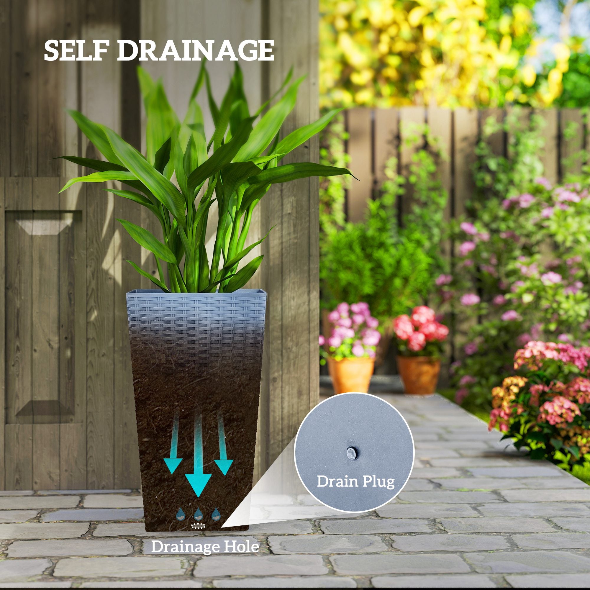 Tall Planters for Outdoor Plants Set of 3, 24 In Taper Planters with Drainage Holes, Rattan Decor Plant Pots