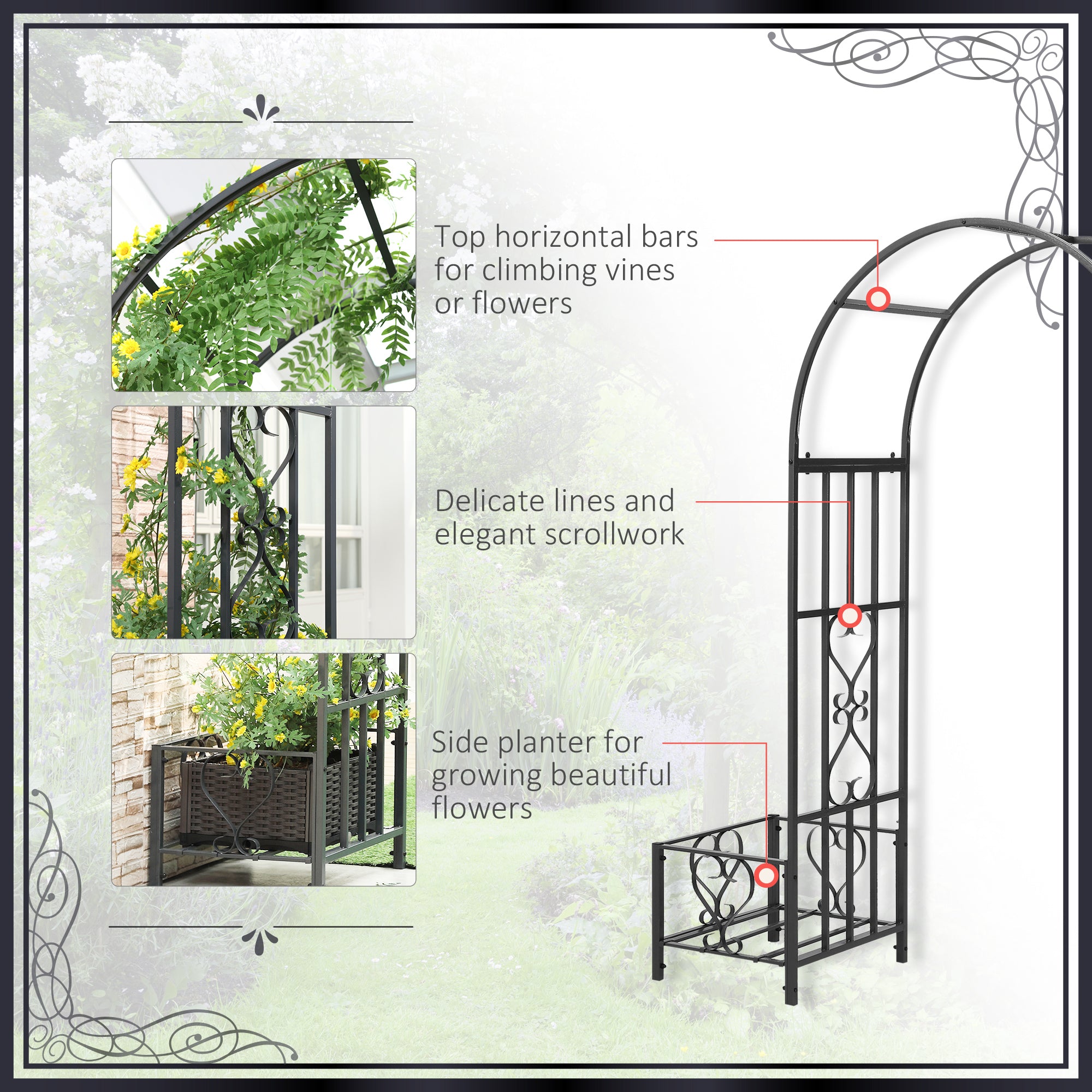 6.7' Steel Garden Arch Arbor with Scrollwork Hearts, Planter Boxes for Climbing Vines, Ceremony, Weddings, Party, Backyard, Lawn, Dark Gray