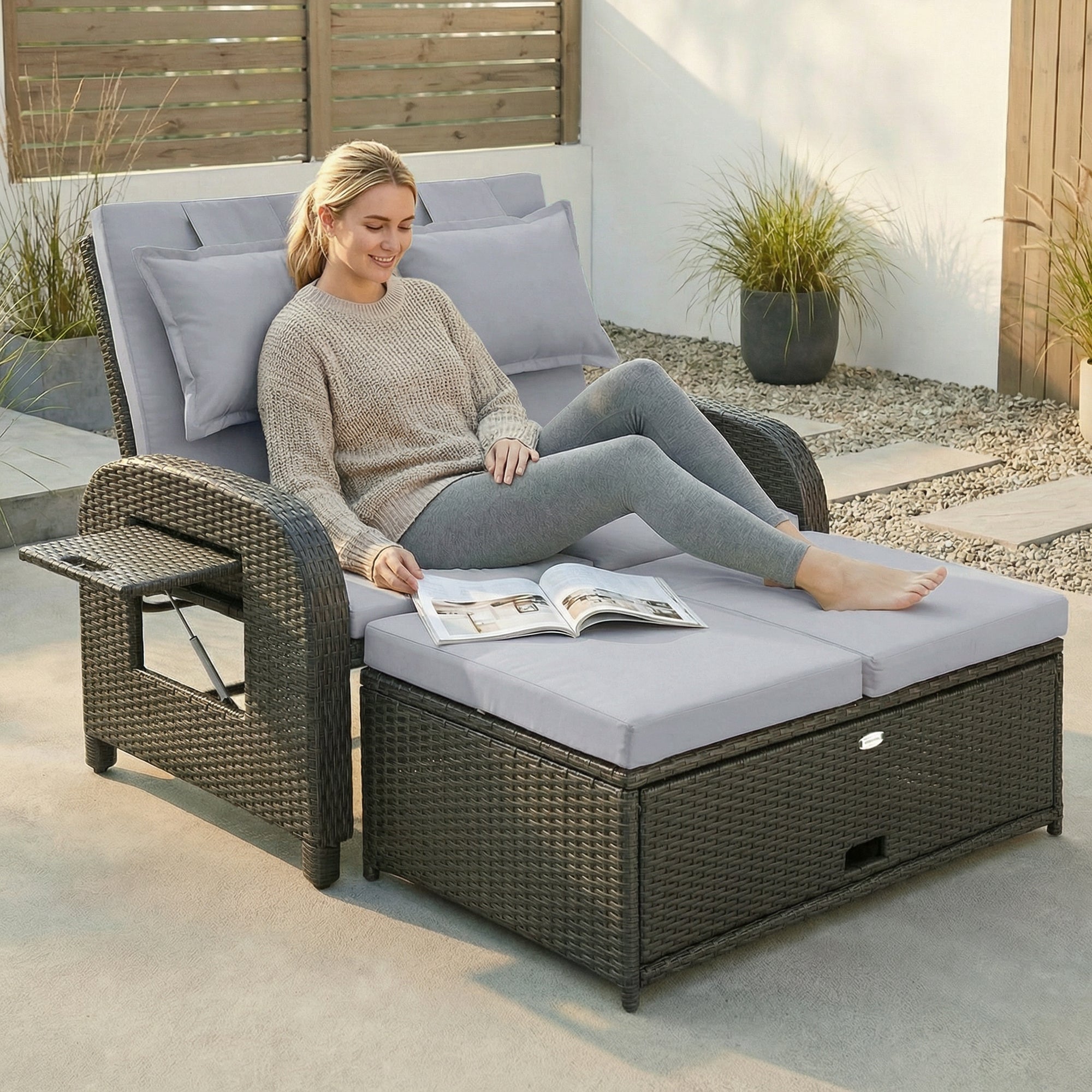 Patio Rattan Daybed, Wicker Outdoor Daybed with Storage Ottoman, Loveseat w/ Adjustable Backrest