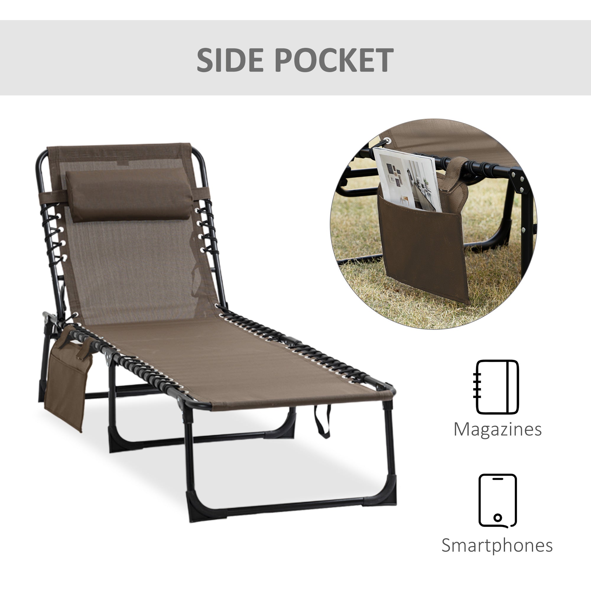 Reclining Chaise Lounge Chair, Portable Sun Lounger, Folding Camping Cot with Adjustable Backrest and Removable Pillow, for Patio, Garden, Beach