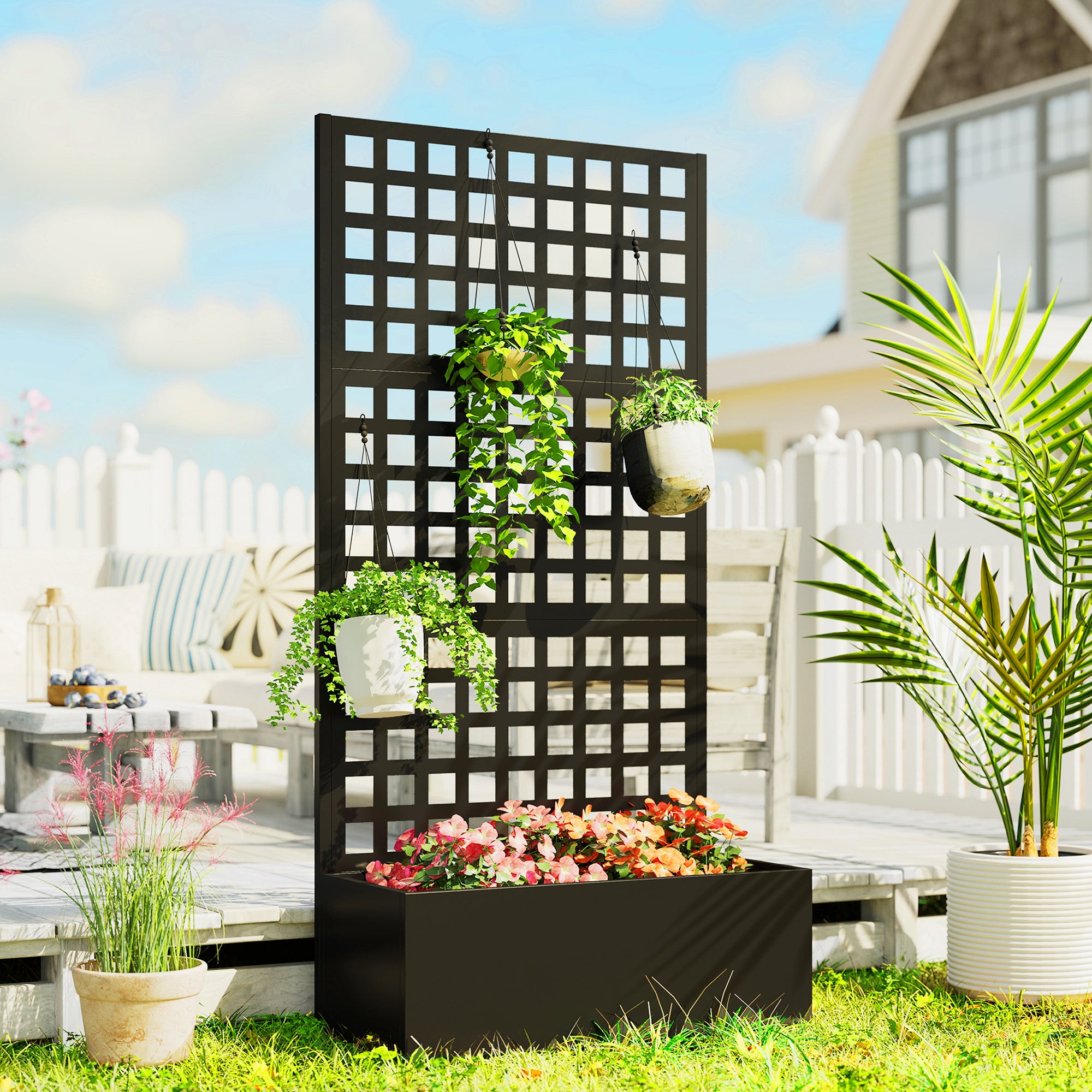 Galvanized Raised Garden Bed Planter Box with Trellis for Climbing Plants, Vegetable, Vines, 35" x 16" x 70"