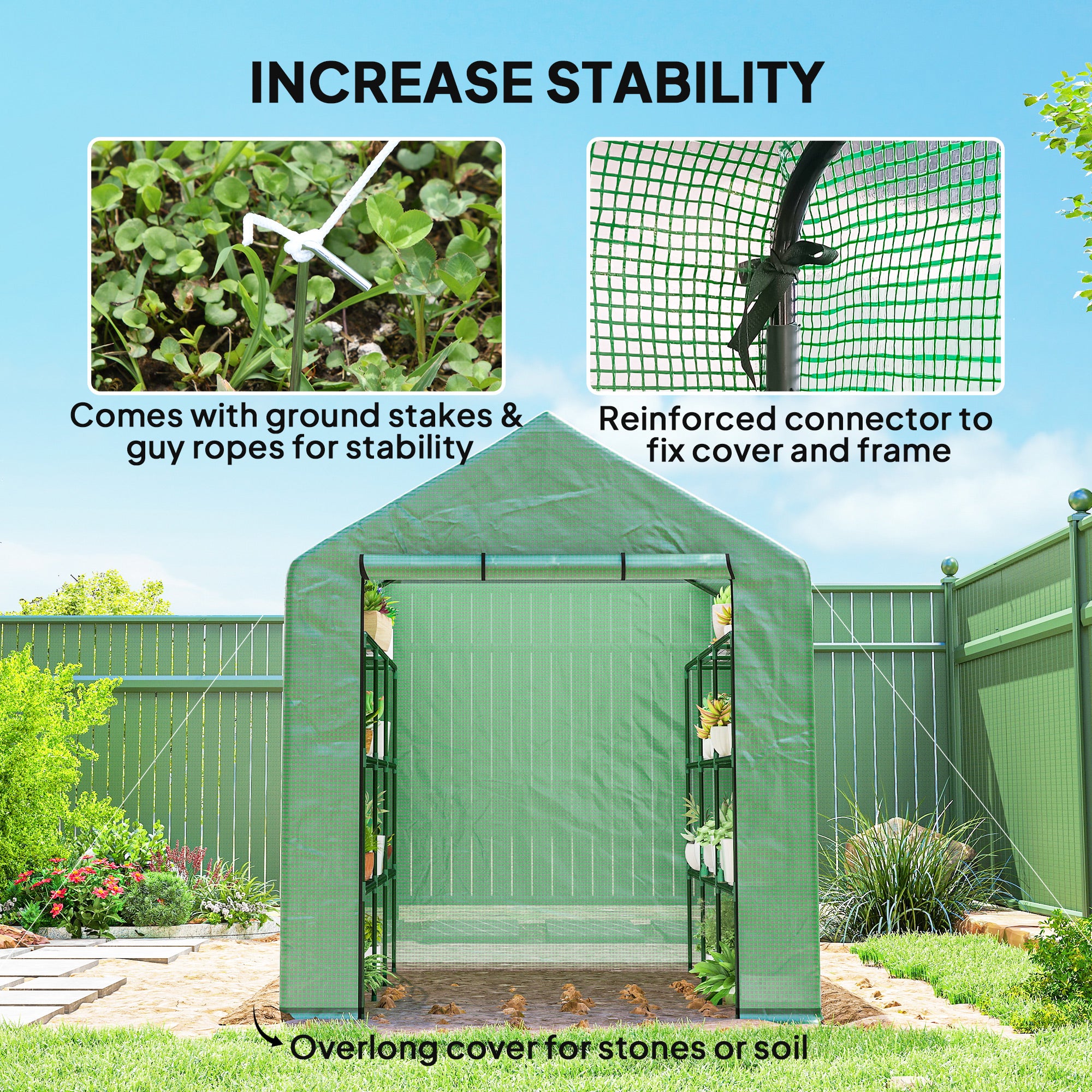 Outdoor Walk-in Greenhouse with Roll-up Zipper Door, 18 Shelves, PE Cover, 95.25" x 70.75" x 82.75", Green