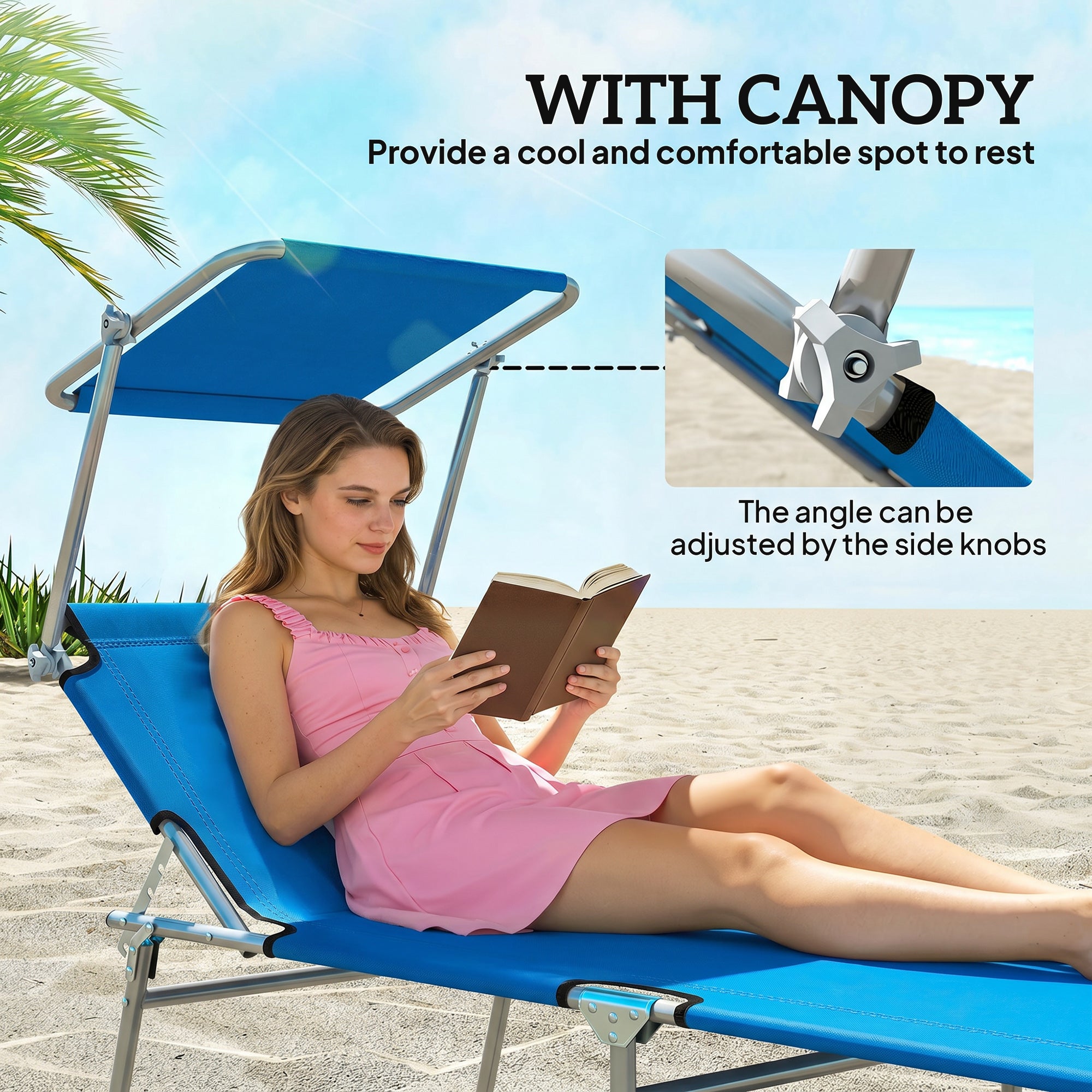 Outdoor Pool Chaise Lounge Chair, Folding Tanning Chair with Sun Shade