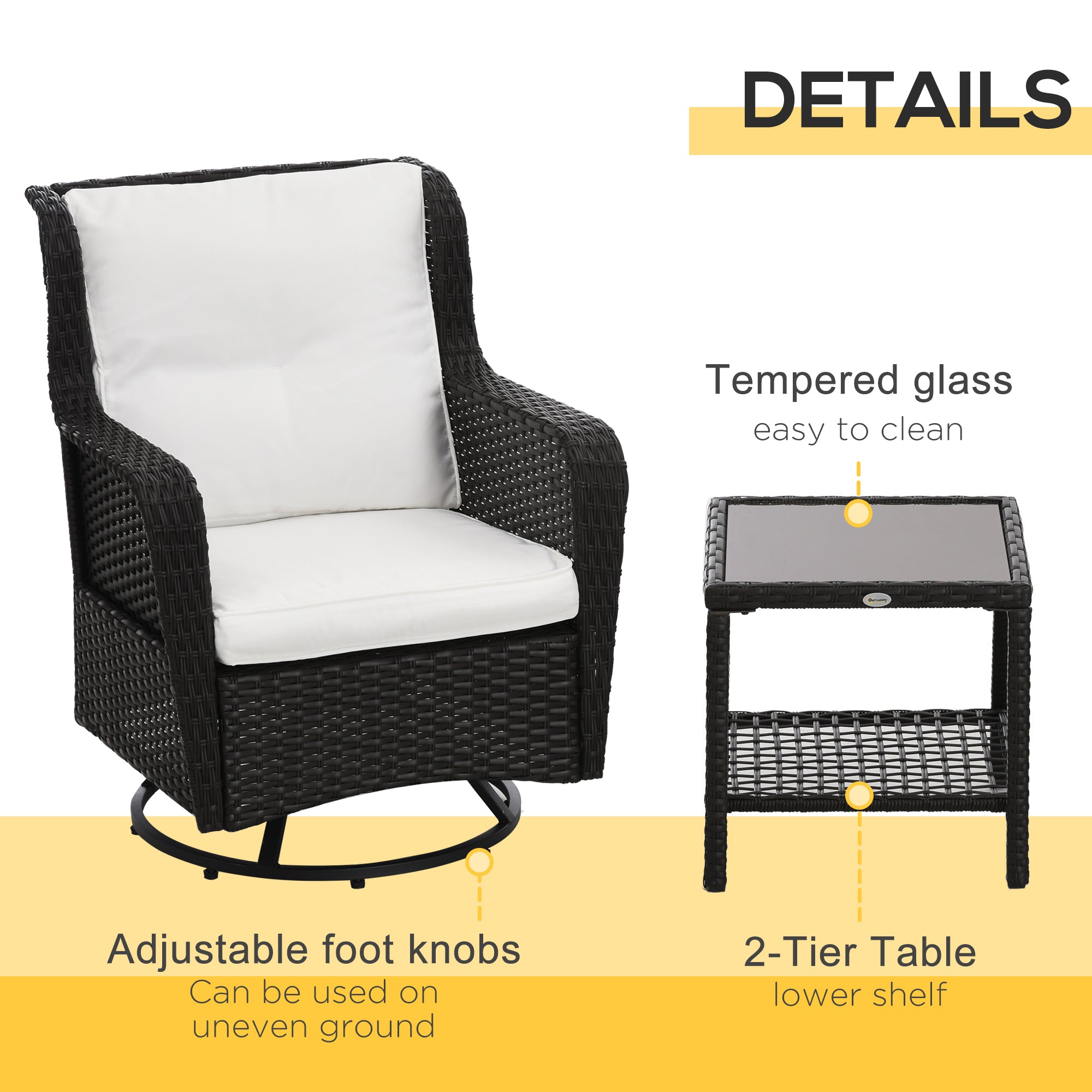 Patio Bistro Set, Porch Furniture with 360° Rotation & Rocking Function, 28.25"x30.75"x36.25"