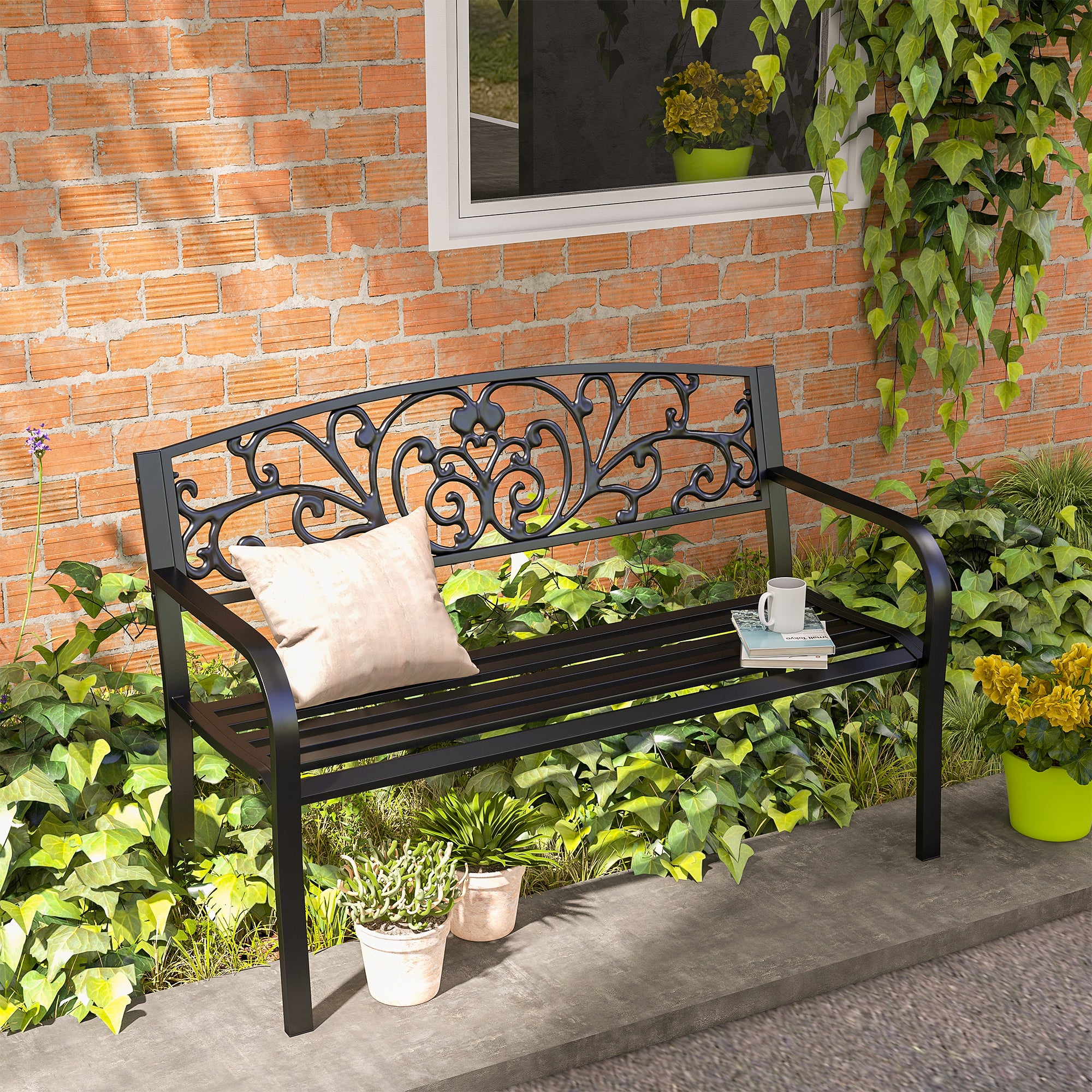 50" Outdoor Bench, Metal Garden Bench with Floral Pattern Backrest, Porch Bench with Slatted Seat for Park, Yard, Lawn, Black