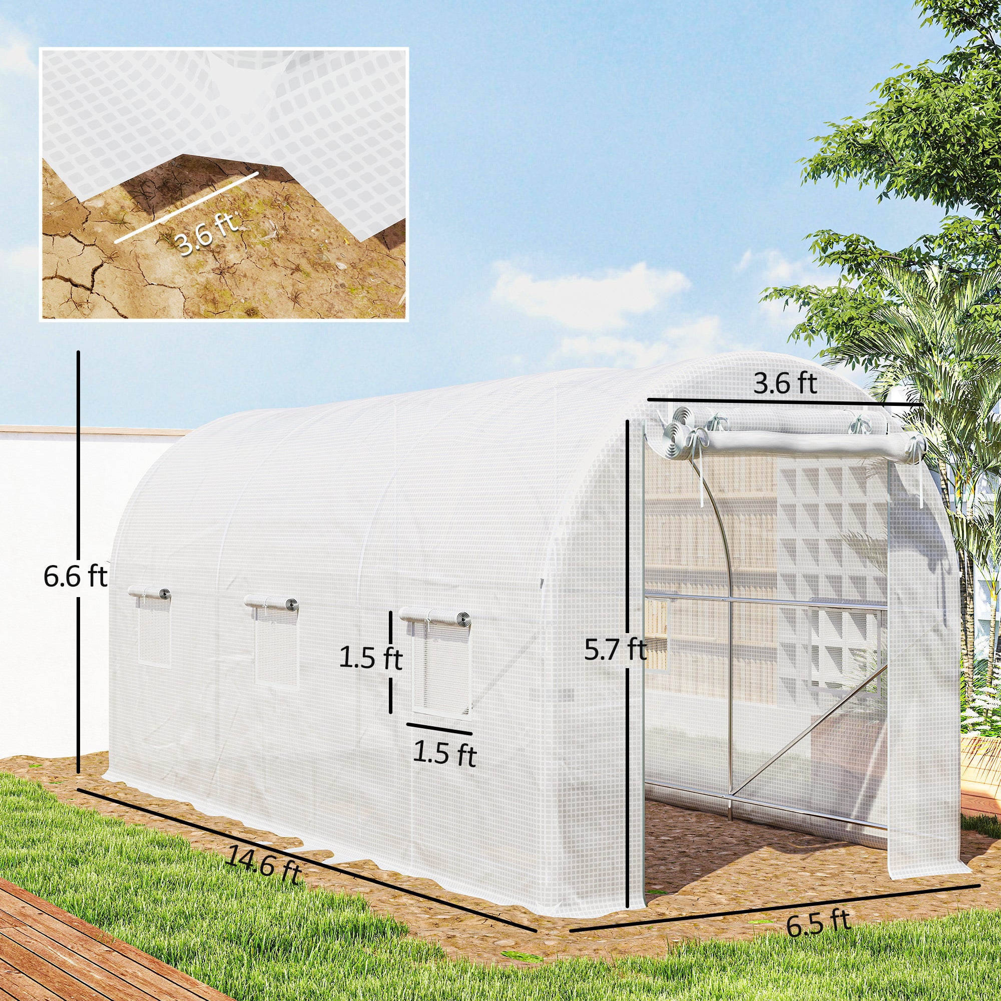 Hoop House Greenhouse, Walk-in Tunnel Greenhouse with 2 Support Rods, Zippered Roll-up Mesh Door, 14.6'x6.5'x6.6'