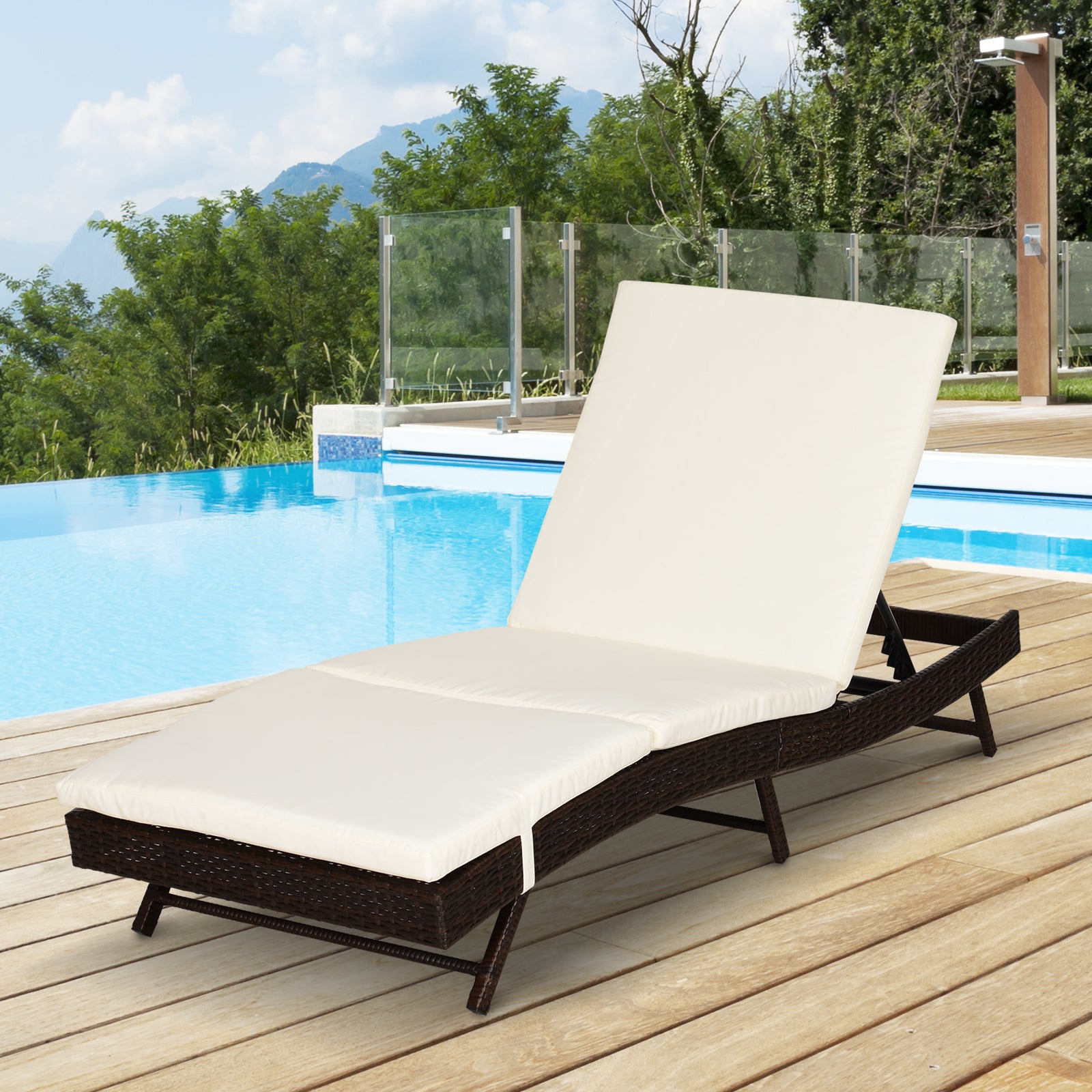 Patio Chaise Lounge, Pool Chair with 5 Position Adjustable Backrest & Cushion, Outdoor PE Rattan Wicker Sun Tanning Seat, 78.75" x 28" x 35", Coffee