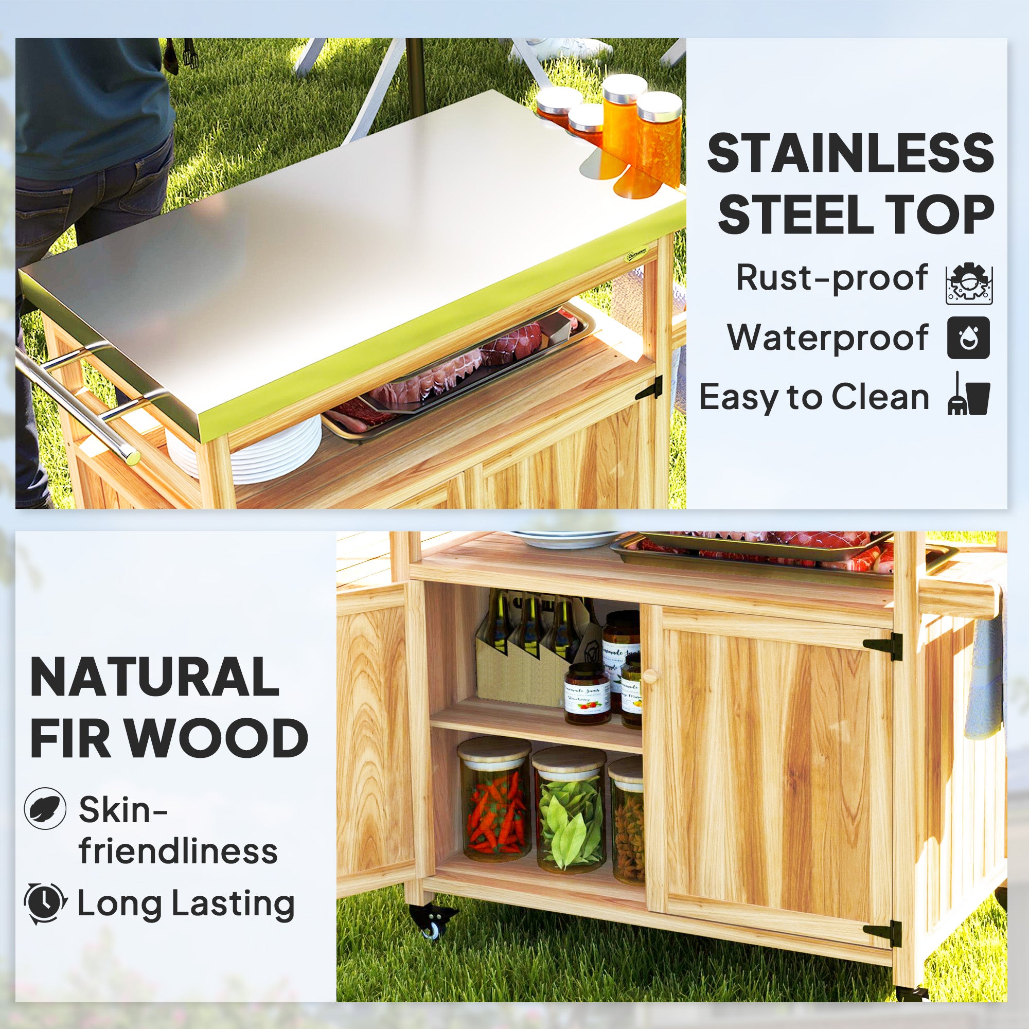 Outdoor Grill Cart w/ Stainless Steel Top, Solid Wood Outdoor Kitchen Island w/ Wheels, Storage Cabinets