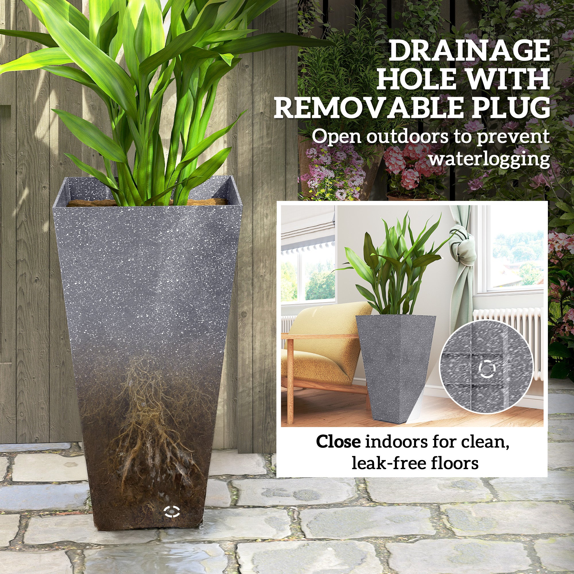 28" Tall Planters, Set of 3 Plastic Flower Pots with Marble Finish and Drainage Holes, Stackable Taper Planters