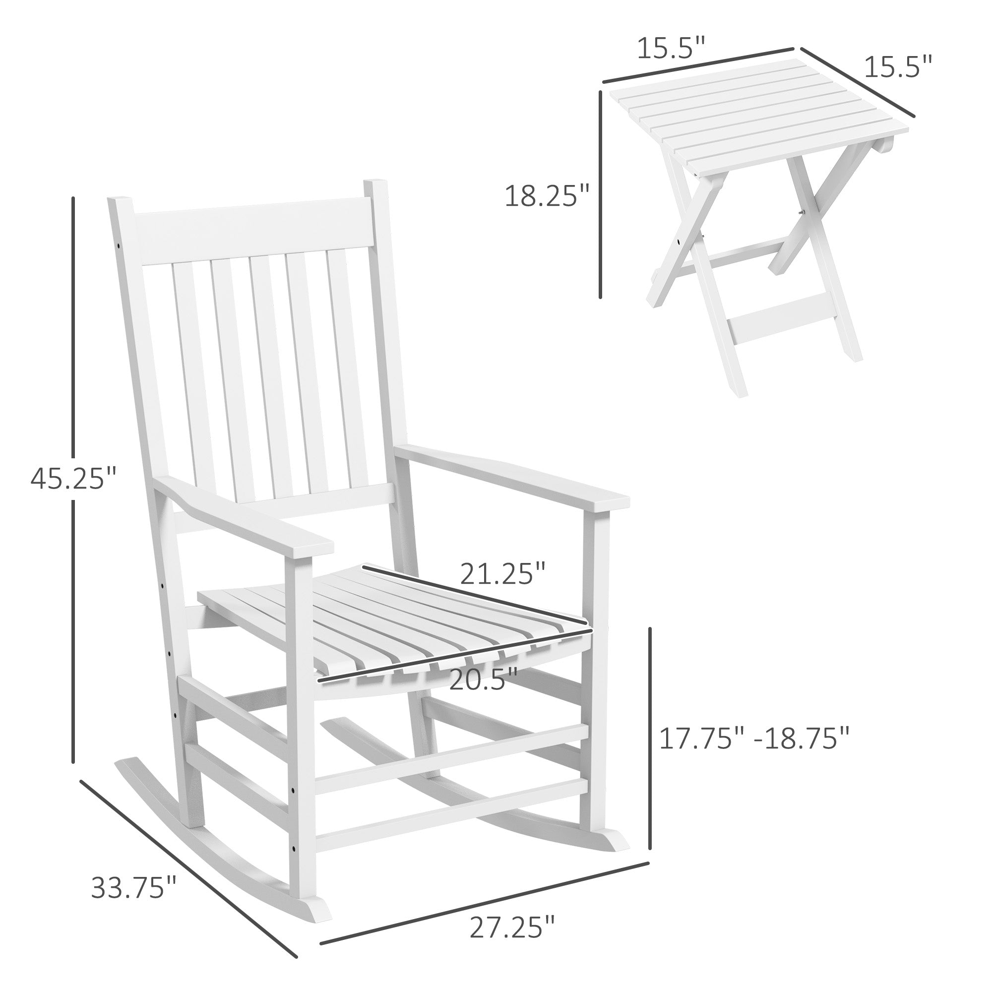 Outdoor Rocking Chair Set of 2 with Side Table, Patio Wooden Rocking Chair with Smooth Armrests, High Back for Garden, Balcony, Porch, Supports Up to 352 lbs.