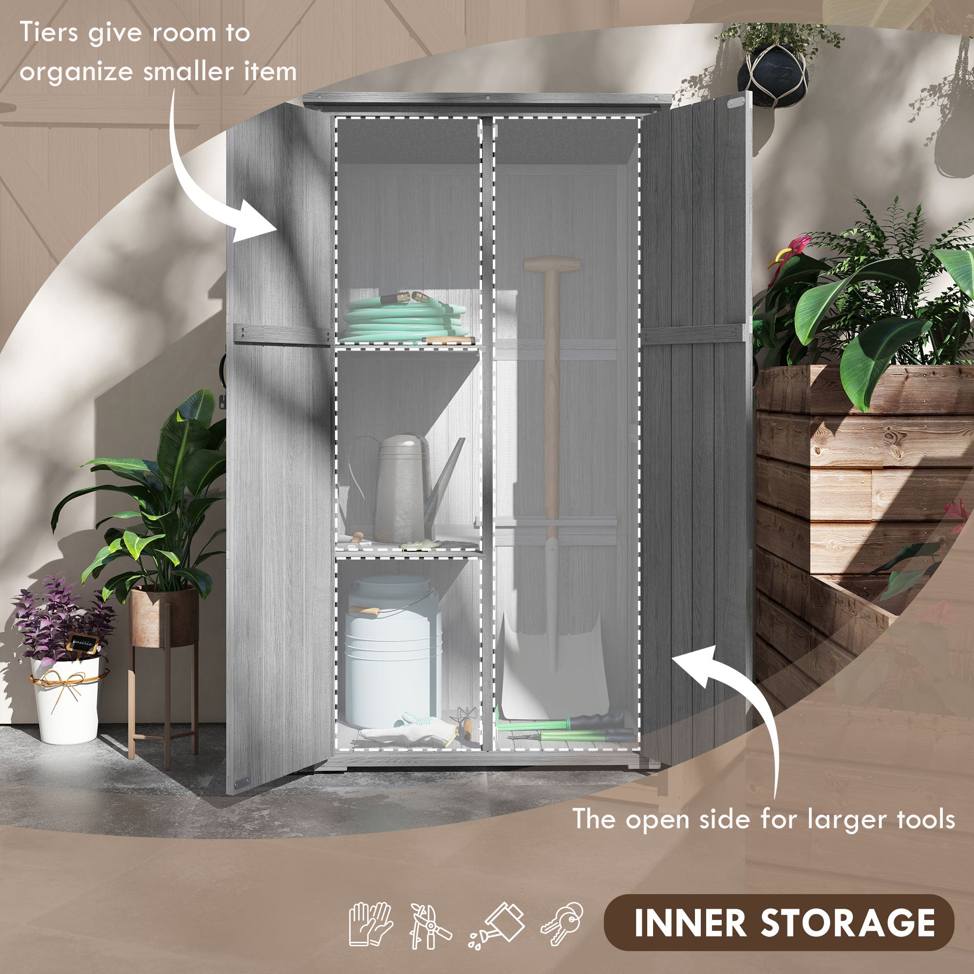 Wooden Outdoor Storage Cabinet Garden Shed with Waterproof Asphalt Roof and Lockable Doors
