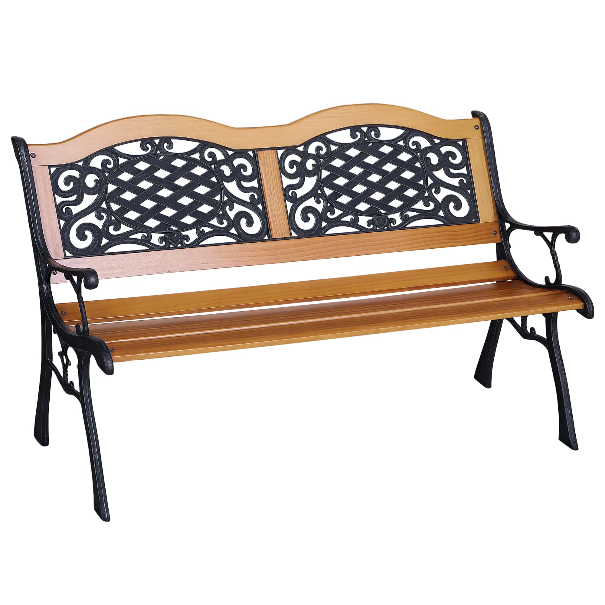 50" Outdoor Garden Bench, Park Patio Bench Loveseat, Wood & Metal Frame with Plastic Flourish Backrest, Natural Wood