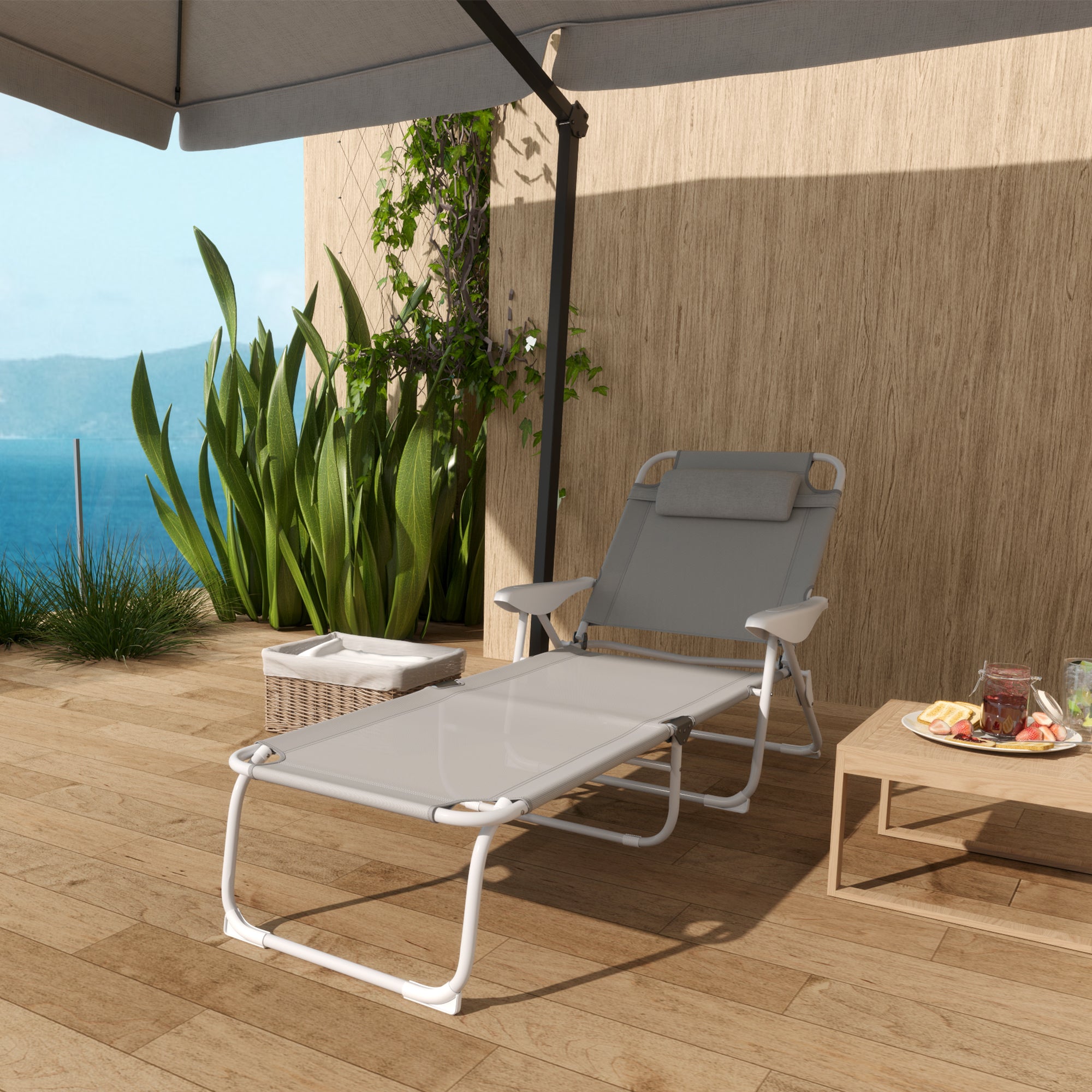 Folding Chaise Lounge, Outdoor Sun Tanning Chair, 4-Position Reclining Back, Armrests, Removable Pillow, Light Gray