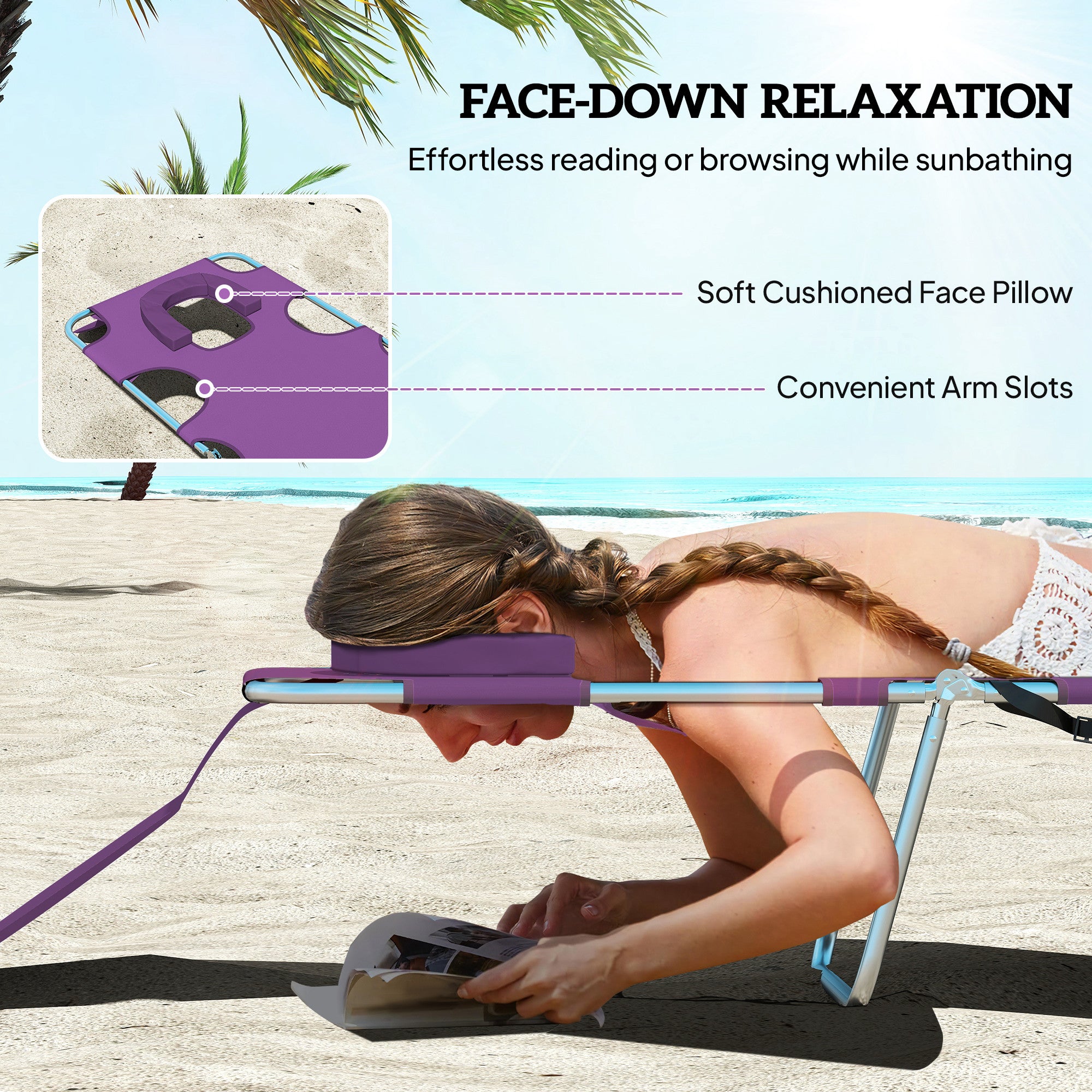 Tanning Chair with Face Hole, 5-Level Adjustable Outdoor Chaise Lounge Chair with Pillow for Beach, Pool