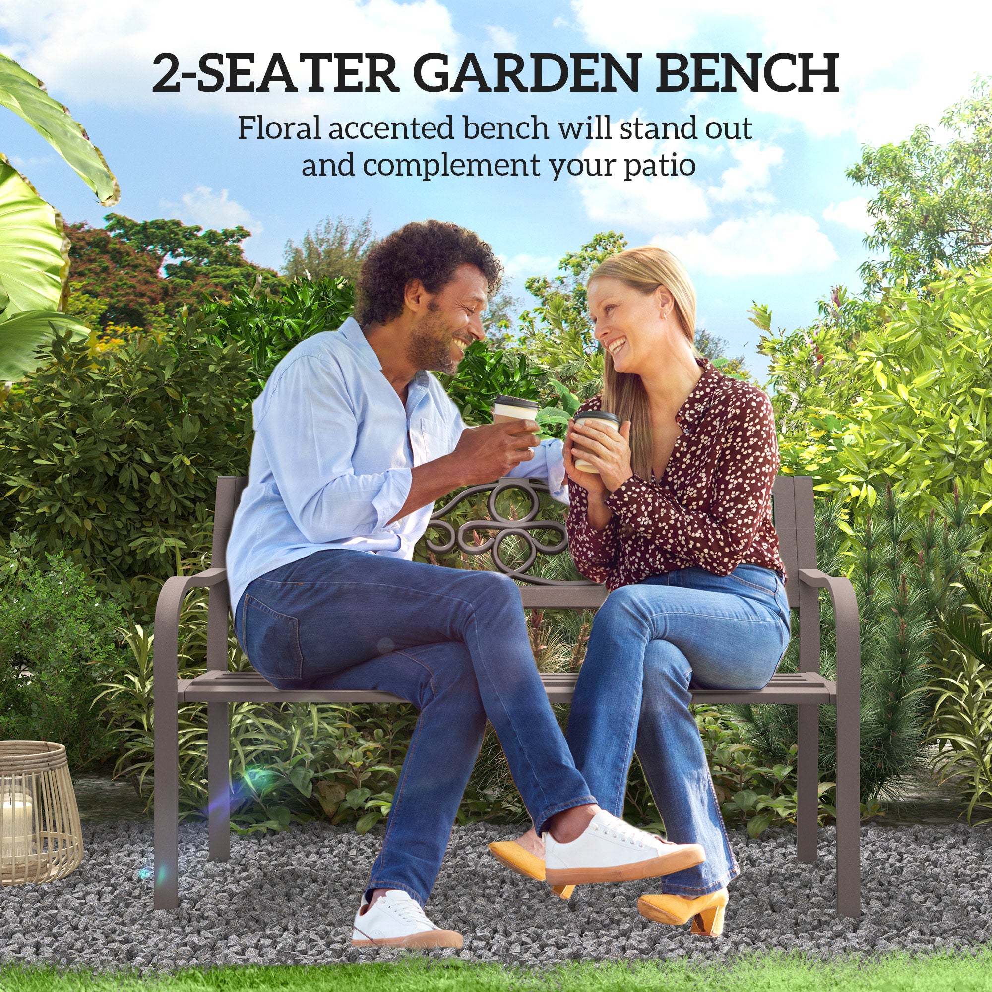 50" Outdoor Bench, Metal Garden Bench with Floral Pattern Backrest, Porch Bench with Slatted Seat for Park, Yard, Lawn, Brown