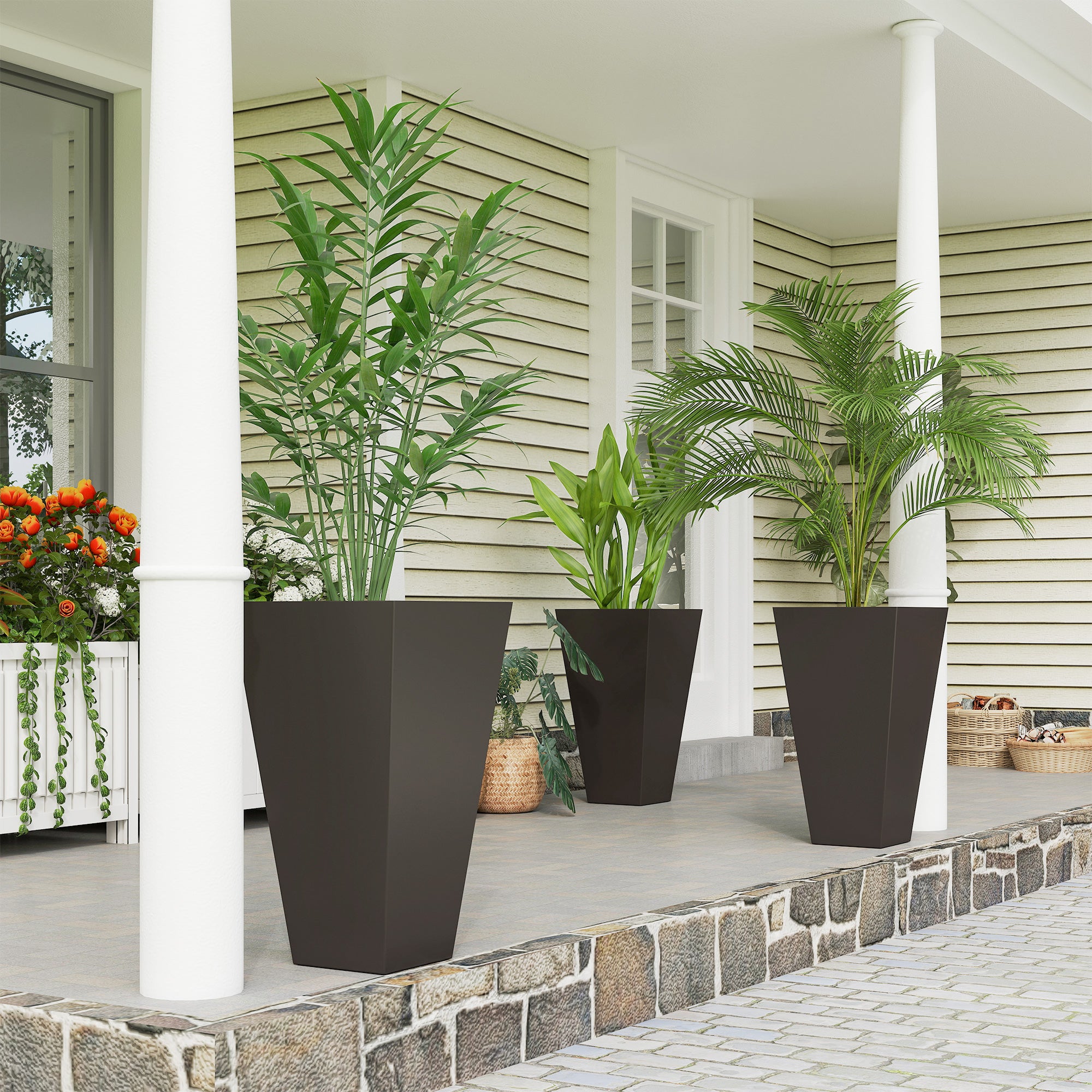 Tall Planters for Outdoor Plants Set of 3, 28 In Taper Planters with Drainage Holes, Indoor Grande Plant Pots, Front Porch Decor