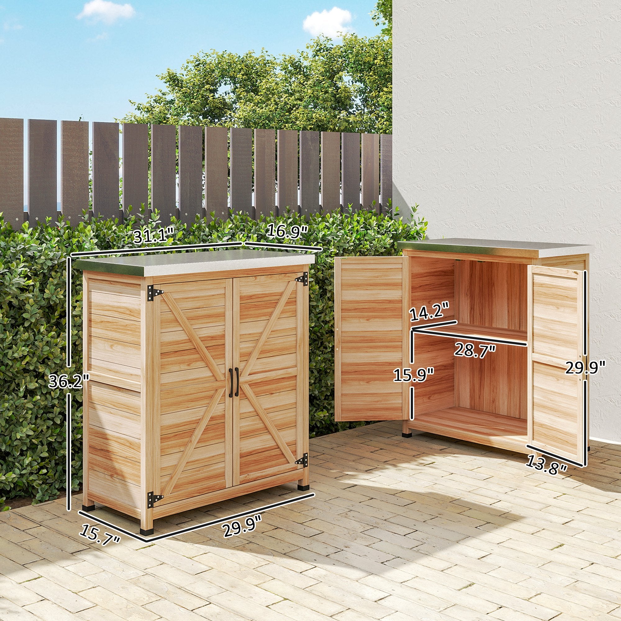 Wooden Storage Cabinet, Outdoor Prep Table with Metal Tabletop, Shelves and Double Doors for Patio, Garden