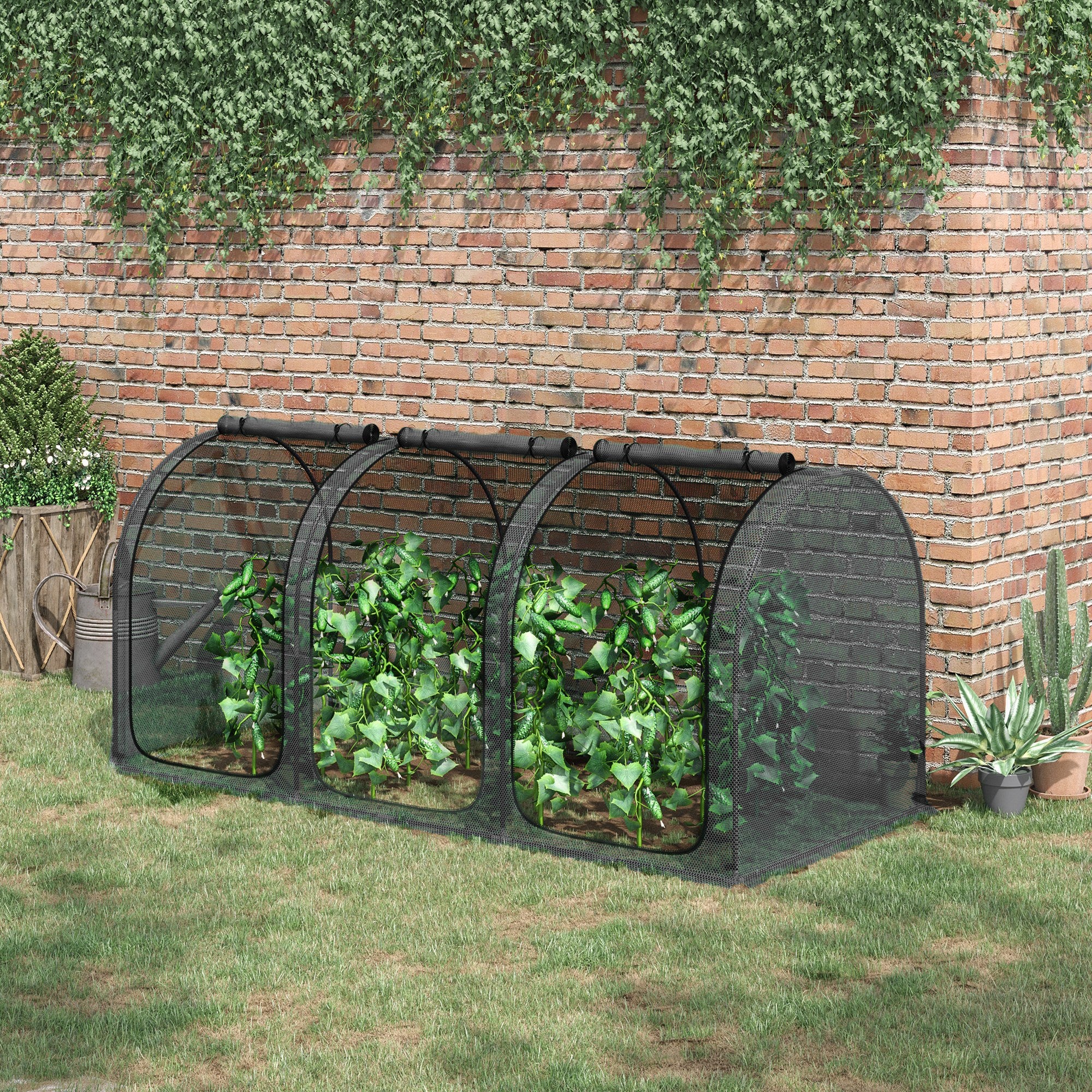 9' x 4' Crop Cage, Plant Protection Tent with Three Zippered Doors, Steel Frame, Storage Bag and 4 Ground Stakes, for Garden, Yard, Lawn