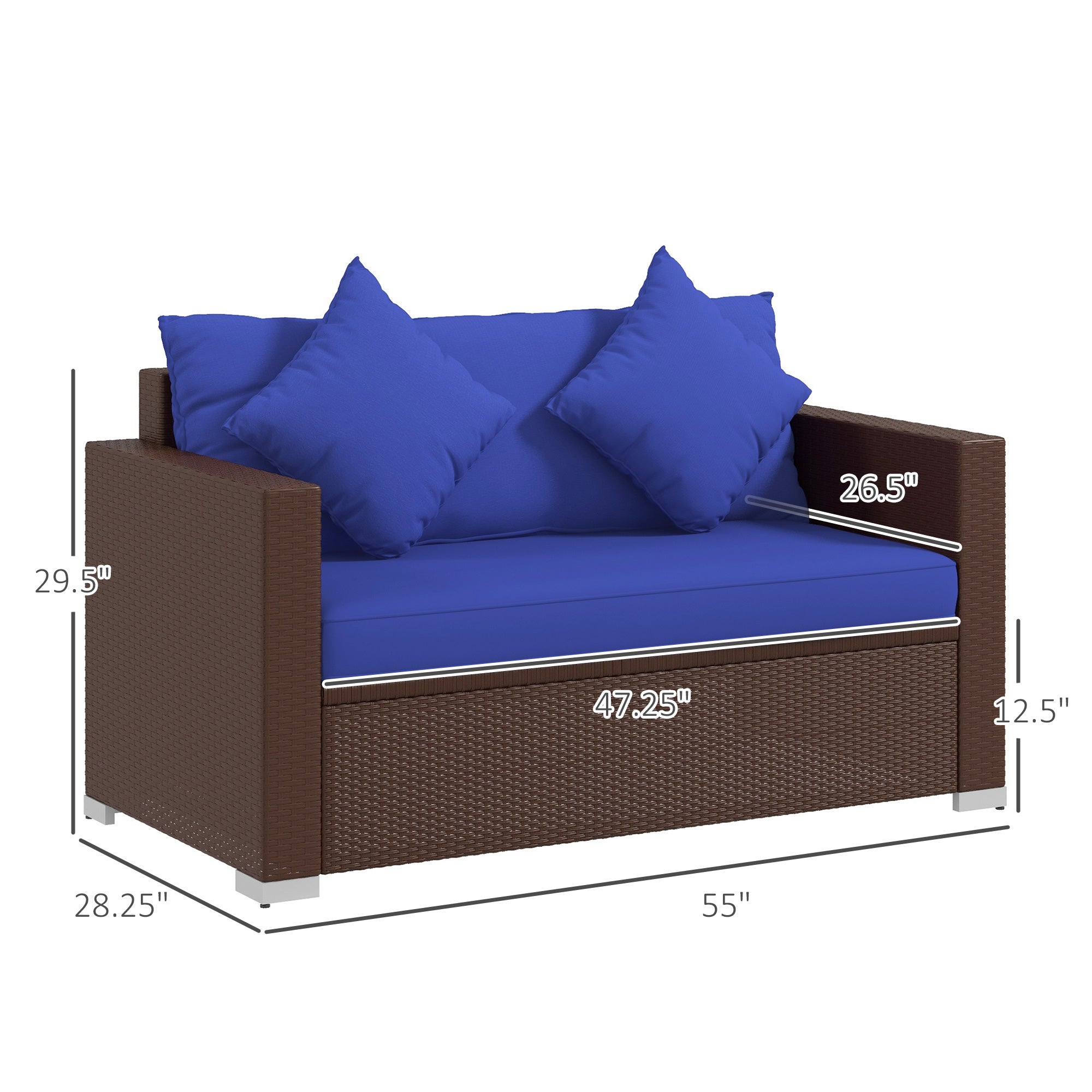 Outdoor Wicker Loveseat, Patio Furniture Couch with Cushions, 2 Seats PE Rattan Sofa, 2 Throw Pillows
