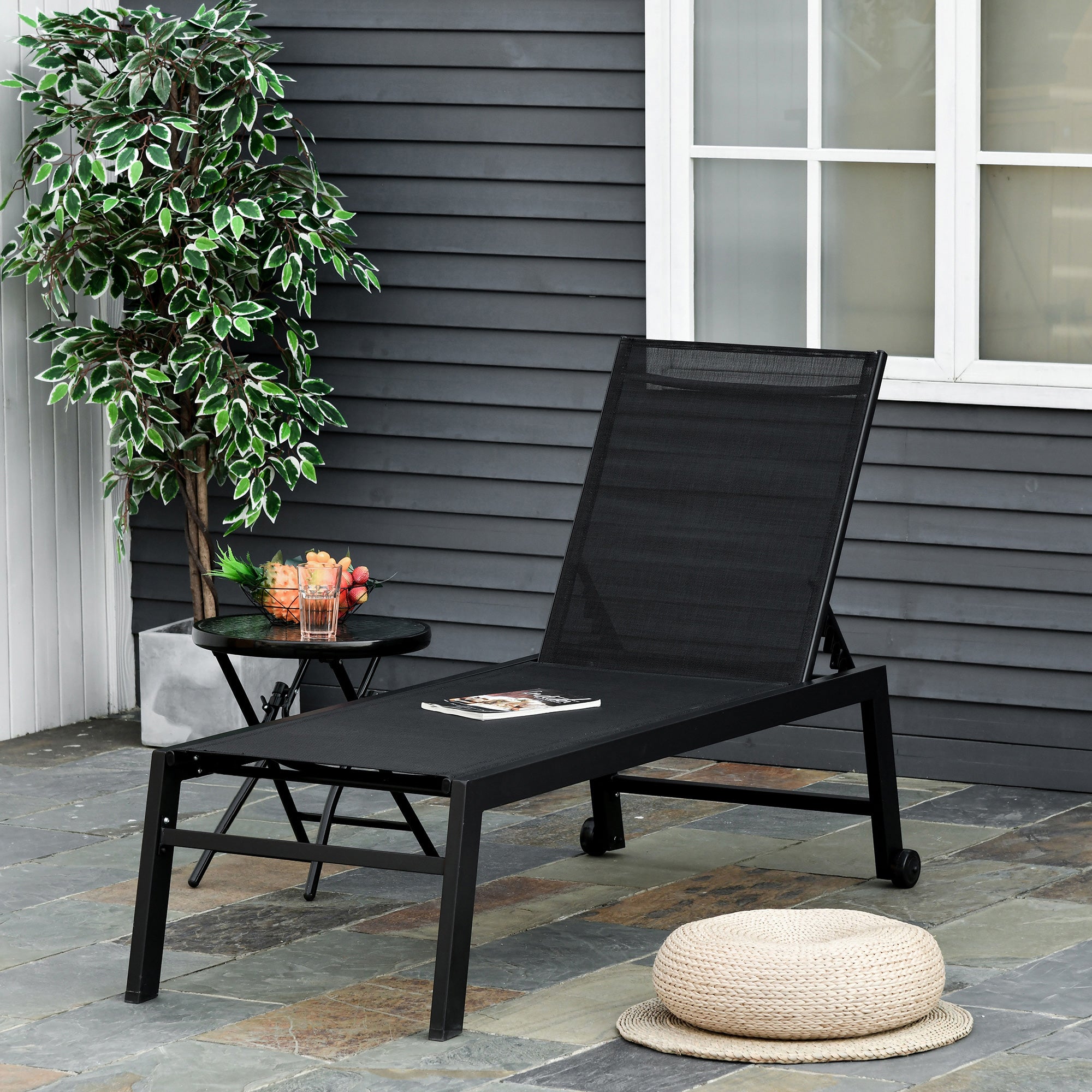 Outdoor Chaise Lounge with Wheels, Five Position Recliner for Sunbathing, Suntanning, Steel Frame, Breathable Fabric for Beach, Yard, Patio