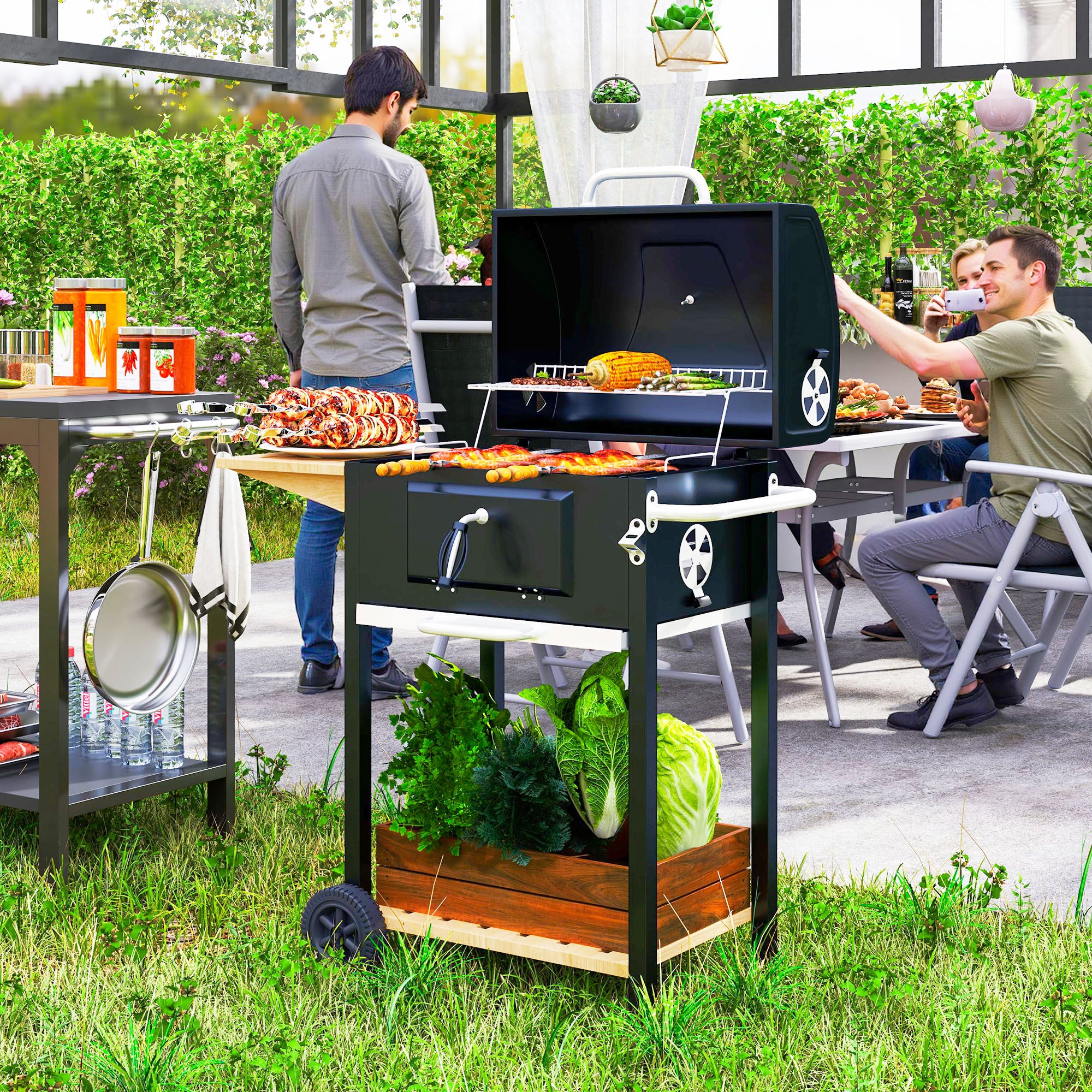 Charcoal BBQ Grill, Outdoor Portable Cooker for Camping or Backyard Picnic, Barbecue Grill with Side Table, Bottom Storage Shelf, Wheels and Handle, Black