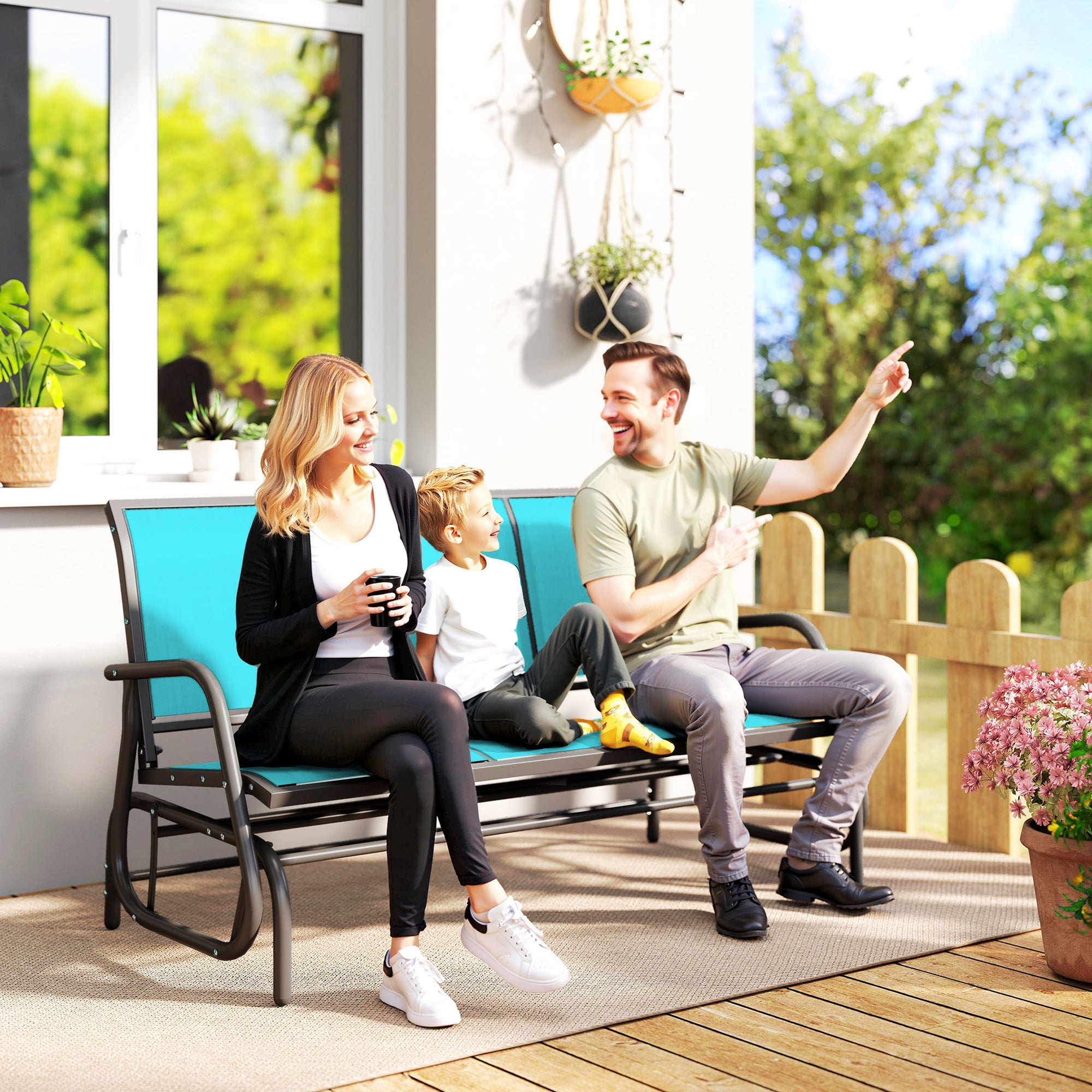 3-Person Outdoor Patio Glider Bench, Porch Glider Swing with 3 Seats, Breathable Mesh Fabric, Metal Frame