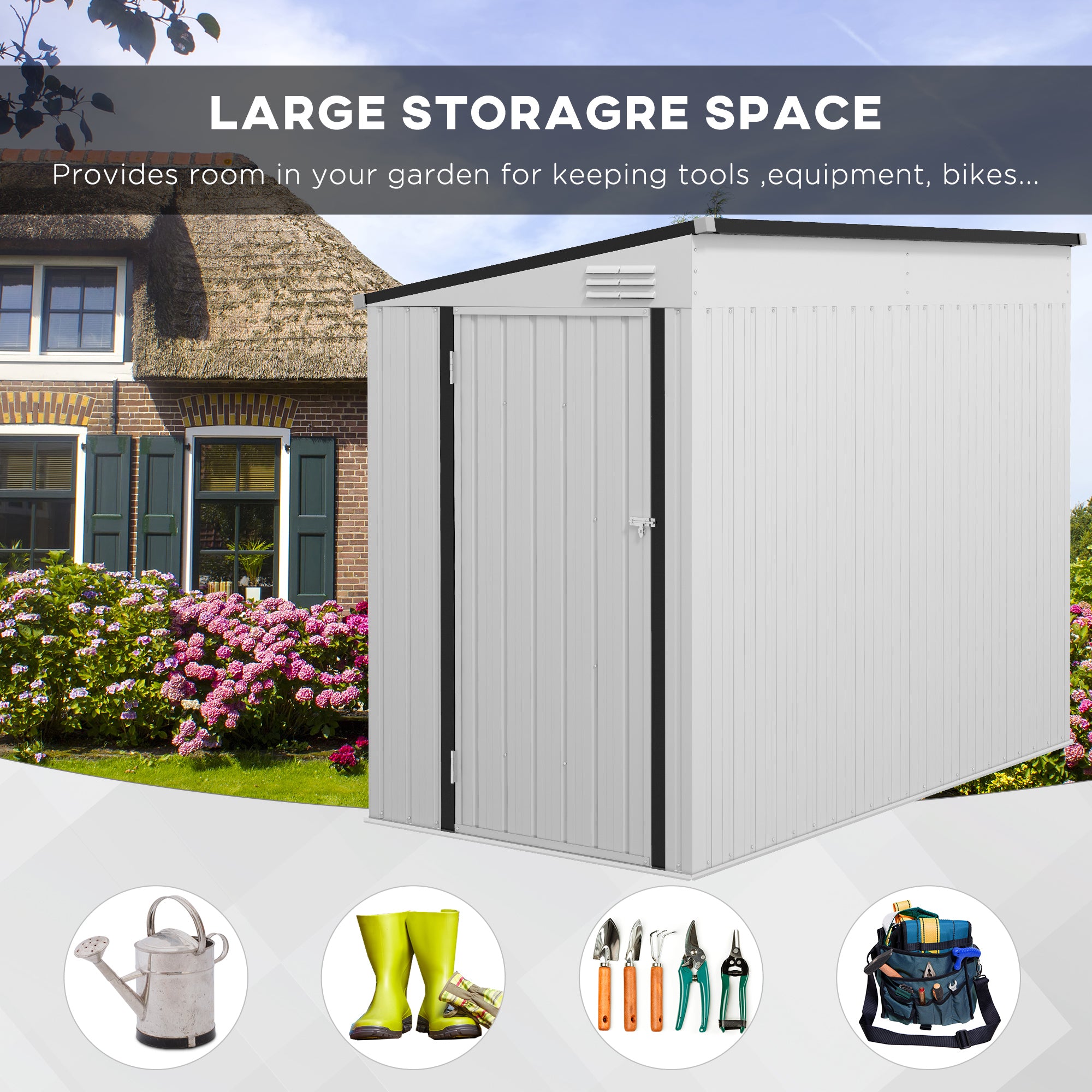 4' x 7.7' Lean to Garden Storage Shed, Outdoor Metal Tool House with Lockable Door Vents for Backyard Patio Lawn