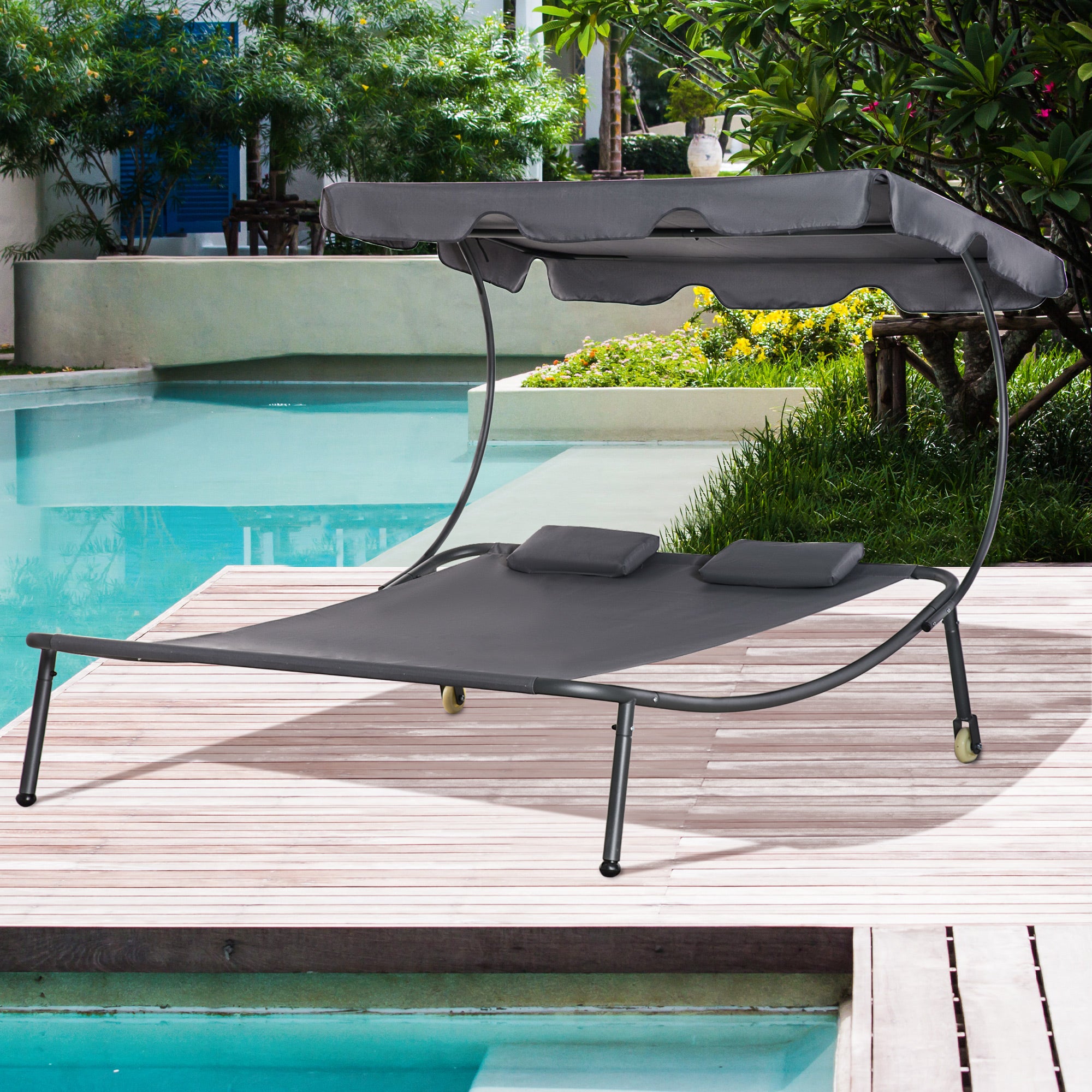 Patio Double Chaise Lounge Chair, Outdoor Wheeled Hammock Daybed with Adjustable Canopy and Pillow for Sun Room, Garden, or Poolside, Grey
