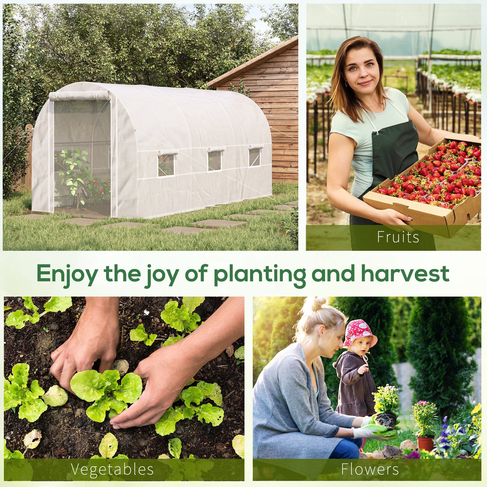 14.6' x 6.6' x 6.6' Walk-In Tunnel Greenhouse, Large Garden Hot House Kit with 6 Roll-up Windows & Roll Up Door, Steel Frame, White