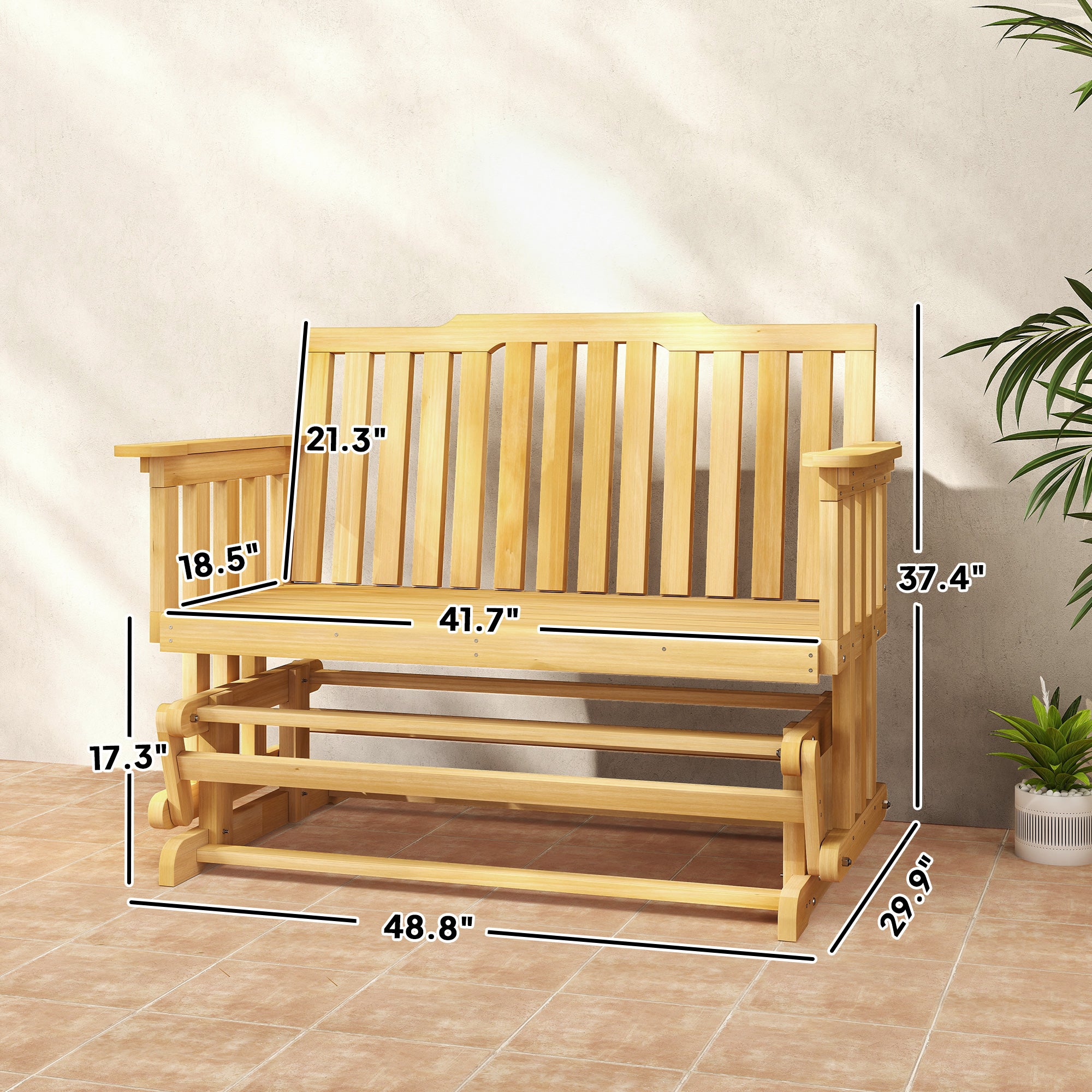2-Person Patio Swing Glider Bench with Quick Drying Design and Wide Armrest, Wood Rocking Chair Loveseat for Backyard Garden Porch
