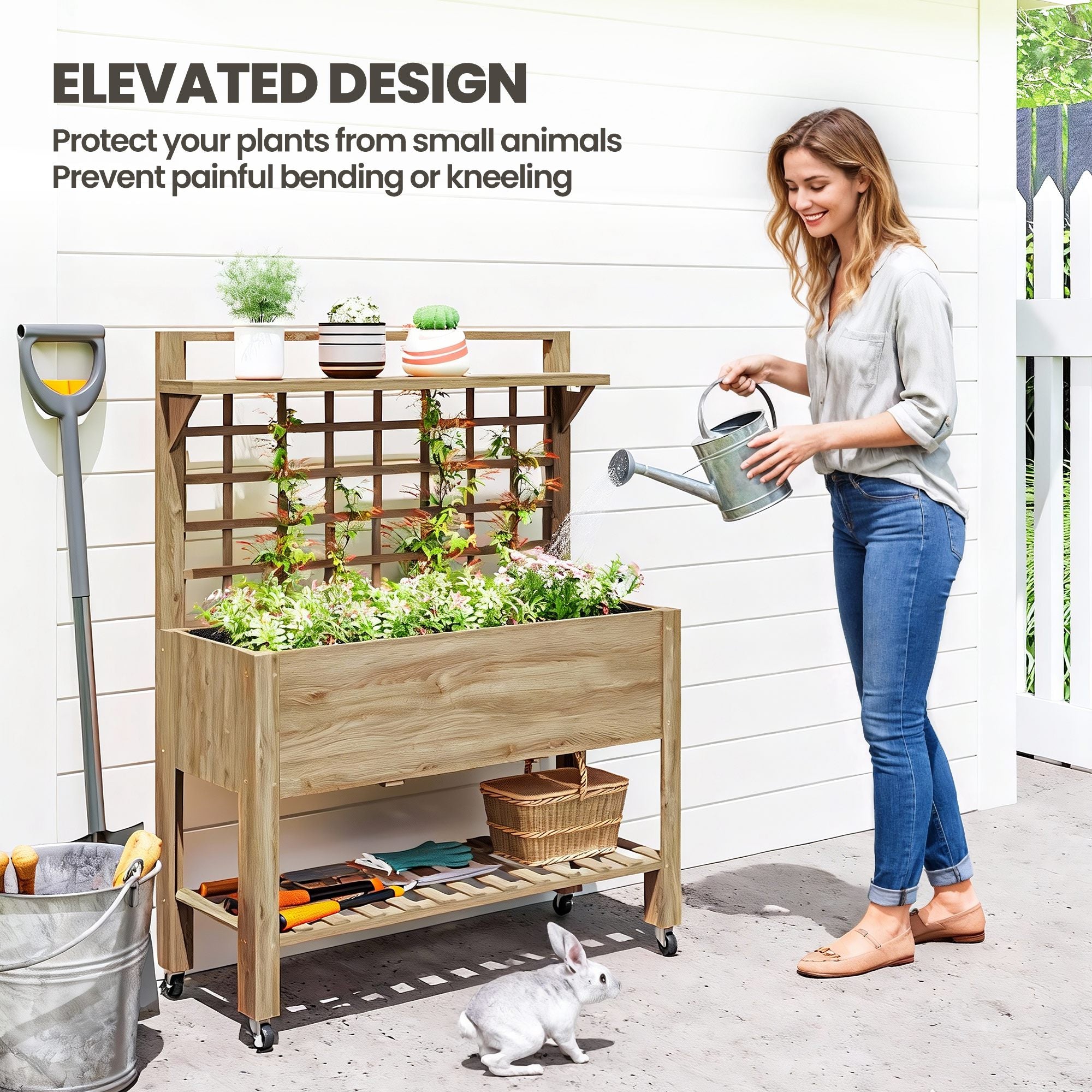 41" Raised Garden Bed Mobile Elevated Wooden Planter Box Stand with Wheels, Trellis and Storage Shelf