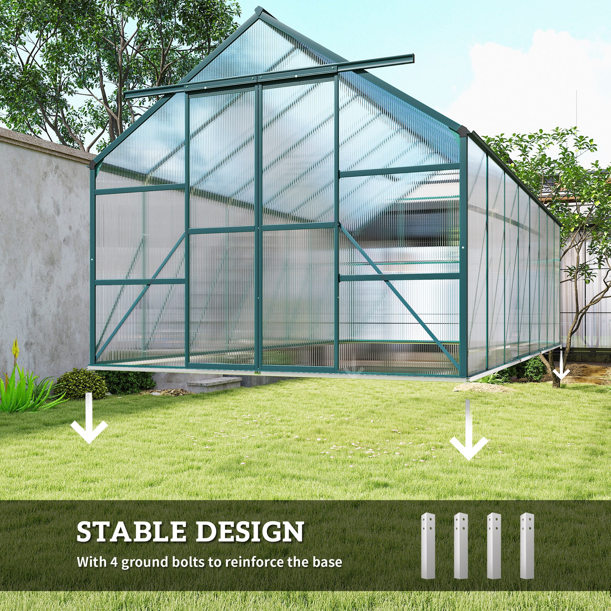 16' x 8' Aluminum Greenhouse Polycarbonate Walk-in Garden Greenhouse Kit with Adjustable Roof Vent, Rain Gutter and Sliding Door for Winter, Clear