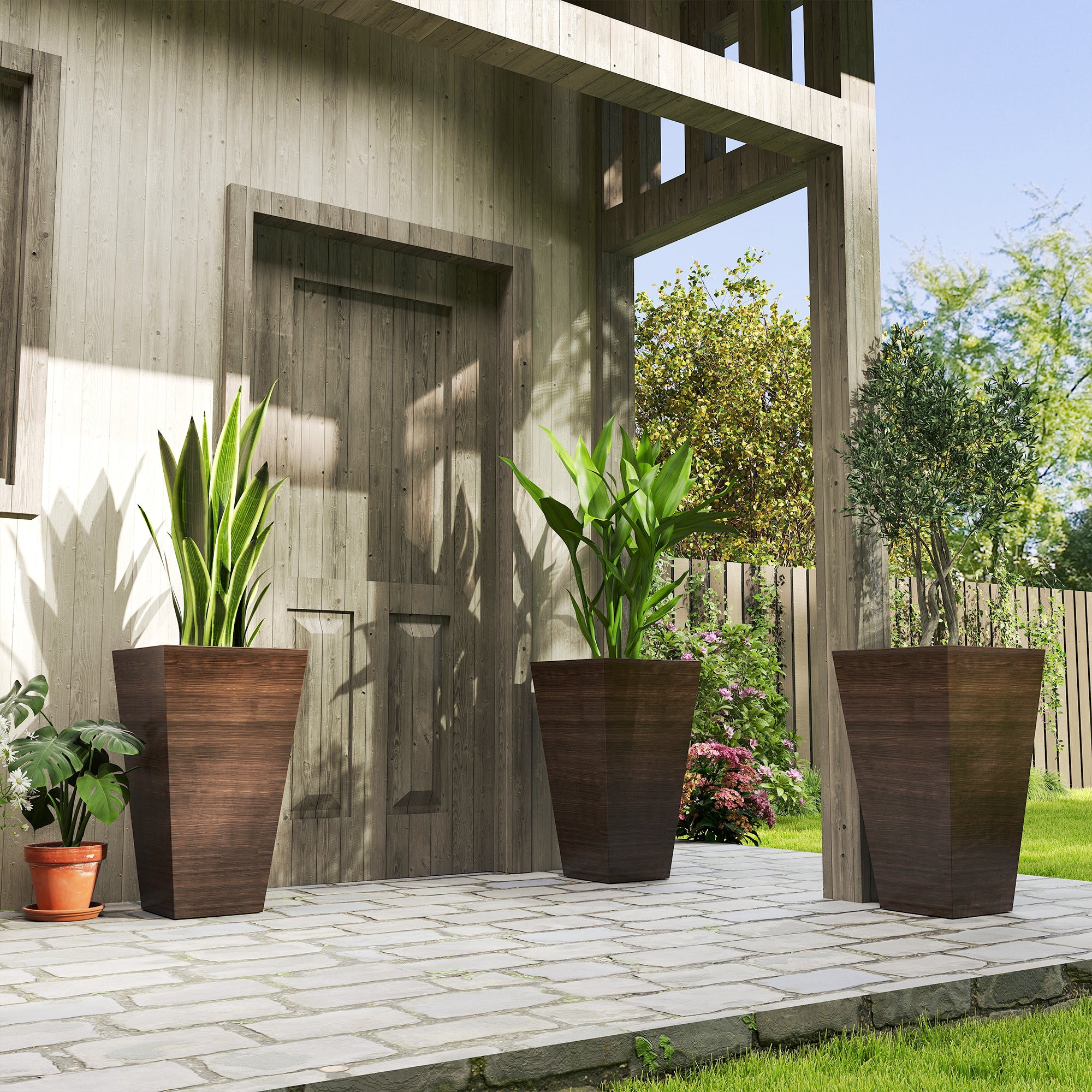 Set of 3 Tall Planters, 28" Outdoor Planter w/ Drainage Holes, Faux Wood Plastic Flower Pots