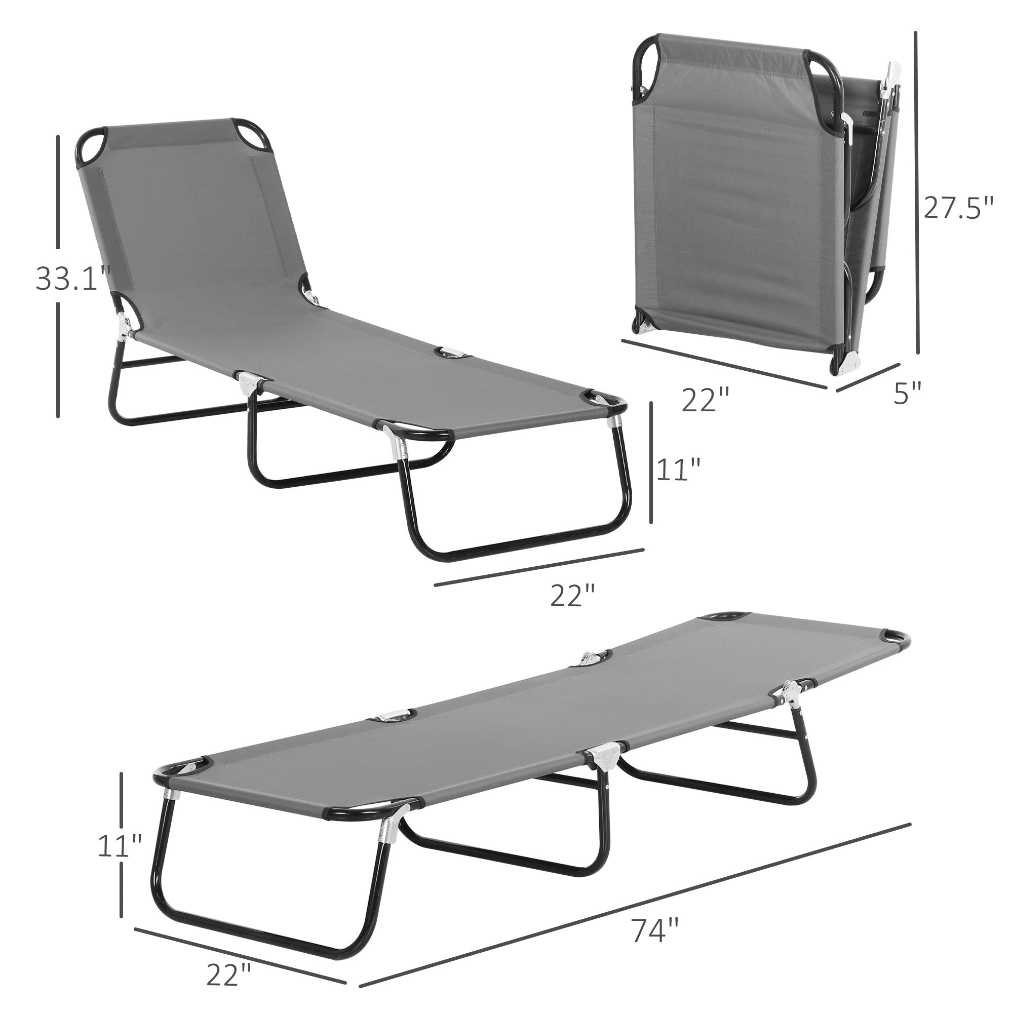 2 Piece Folding Chaise Lounge Pool Chairs, Outdoor Sun Tanning Chairs with 5-Level Reclining Back, Steel Frame for Beach, Yard, Patio