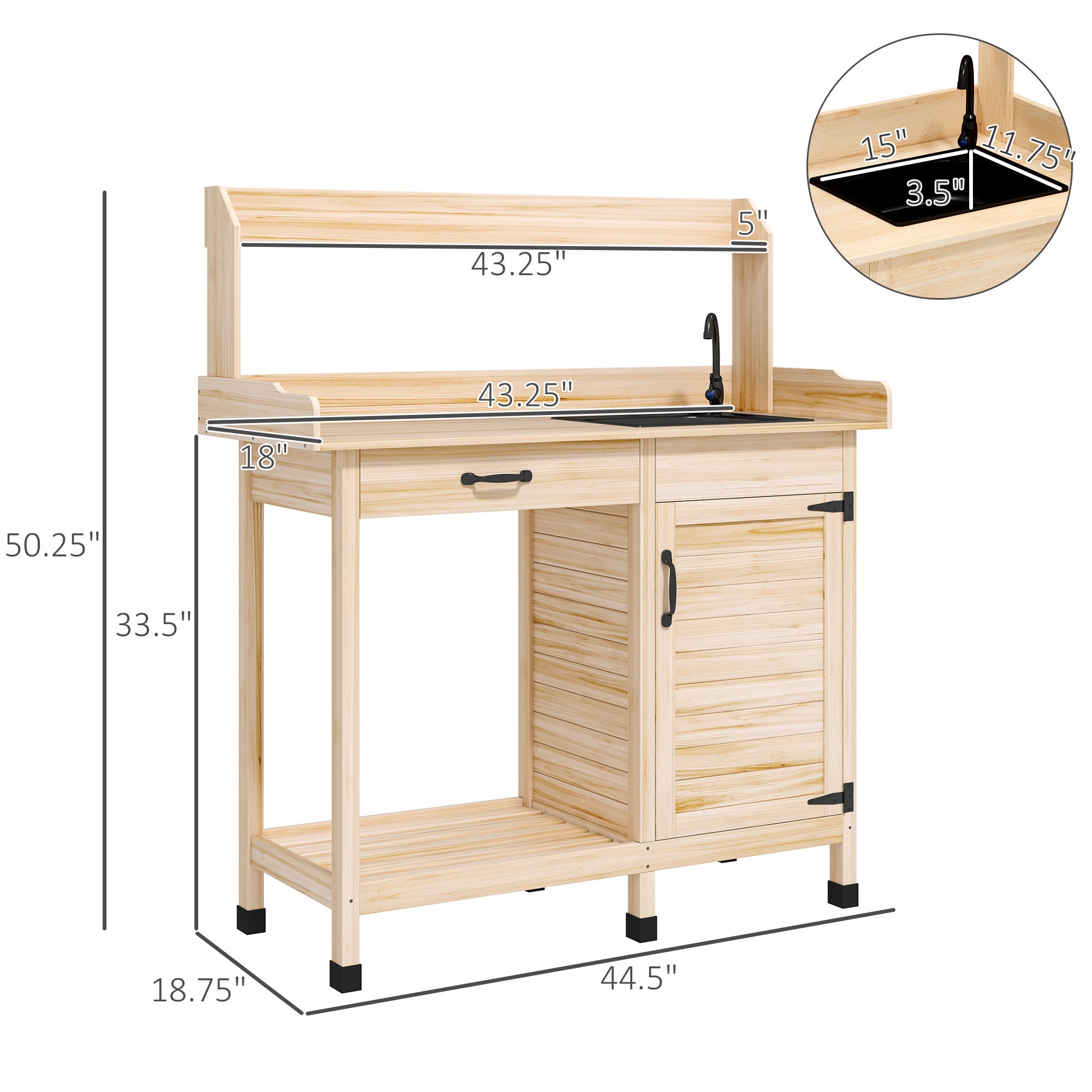 Potting Bench Table with Removable Sink, Outdoor Work Bench Table with Storage Cabinet, Hooks, Faucet and Drawer for Greenhouse, Garden, Patio