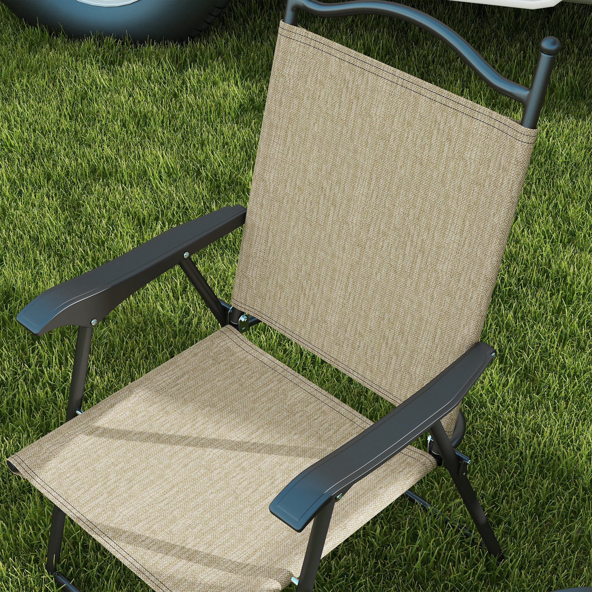 4 Piece Folding Patio Camping Chair Set, Sports Chairs for Adults with Armrests, Mesh Fabric Seat for Lawn, Beige