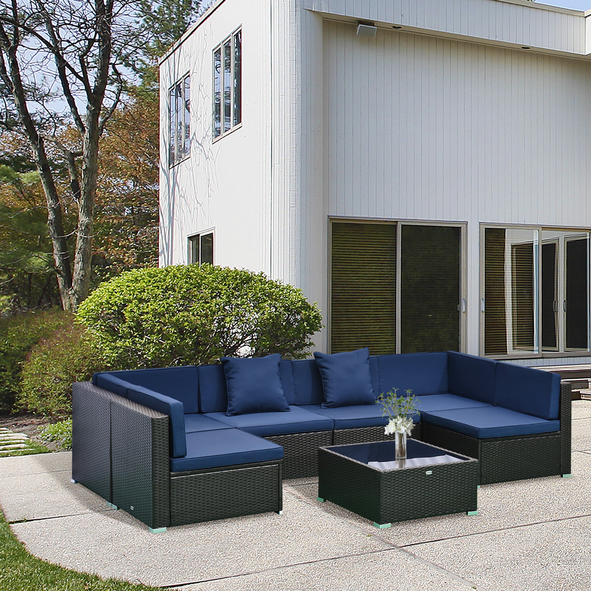 7 Piece Patio Furniture Set, Wicker Outdoor Sectional Sofa Set, All Weather PE Rattan Outdoor Furniture Conversation Sets with Cushions, Glass Top Coffee Table, Pillows, Dark Blue