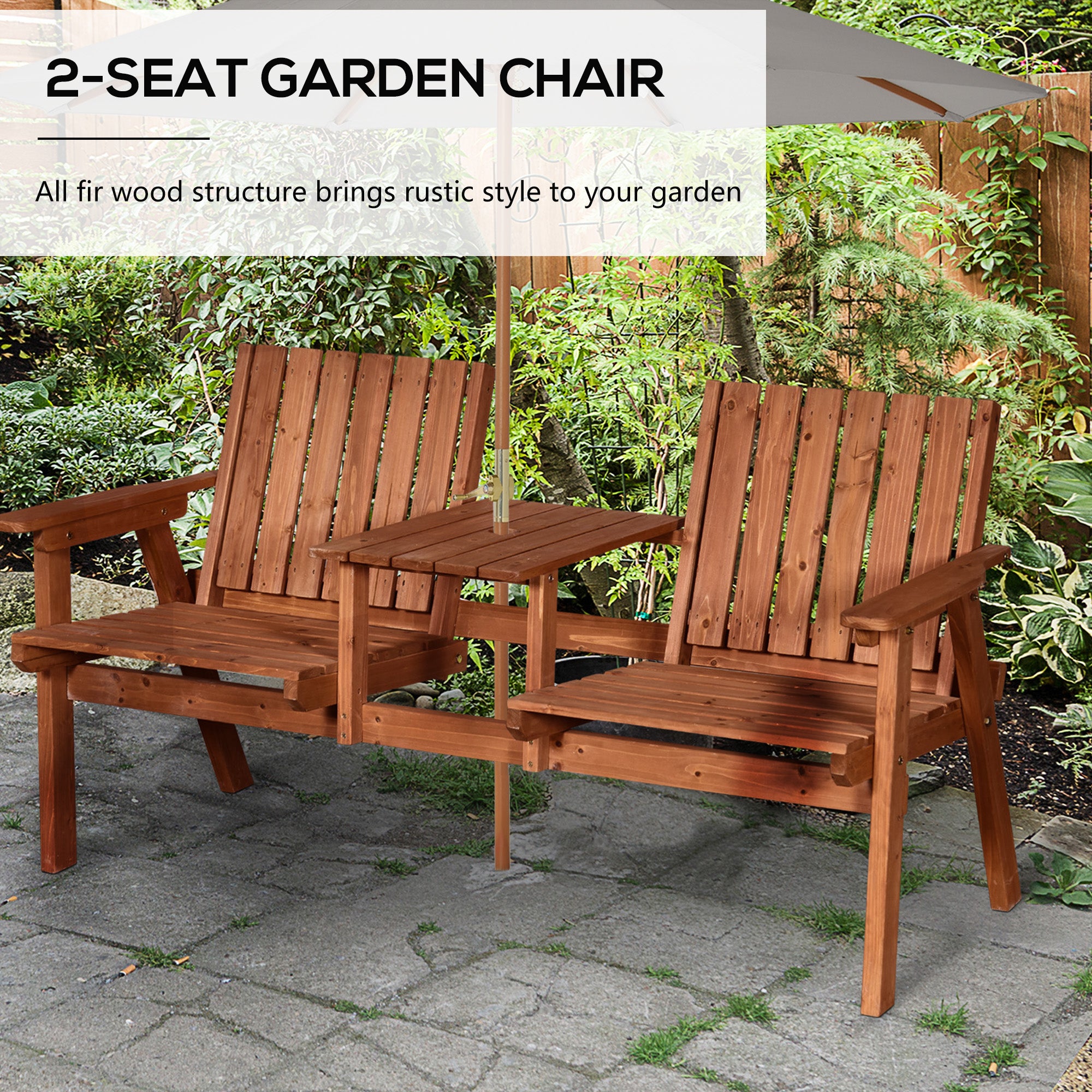 Patio Bench, Garden Bench with Middle Table and Umbrella Hole, Wooden Outdoor Bench for Patio, Porch, Poolside, Balcony