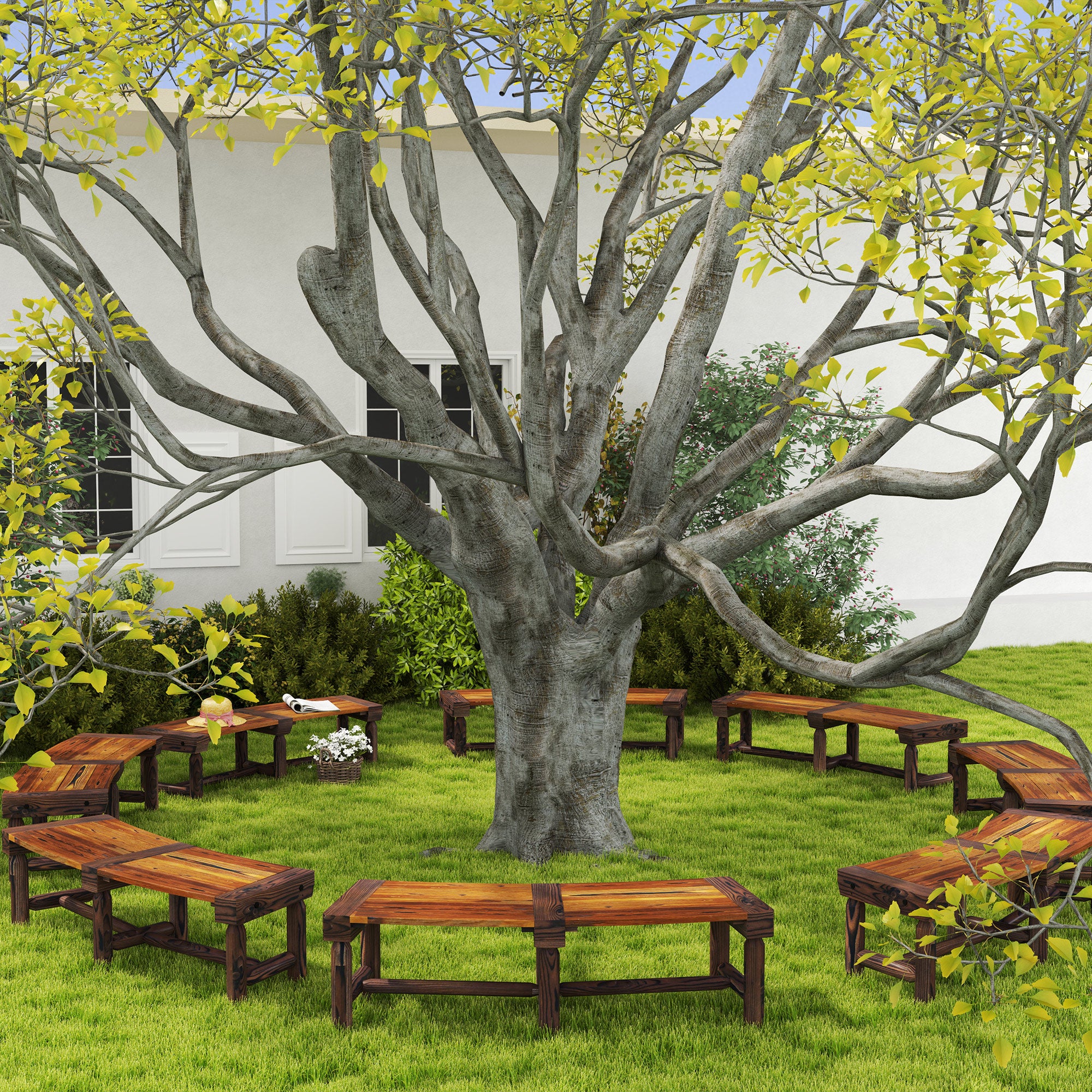 Wooden Garden Bench, Semicircular Round Outdoor Tree Bench, Wrap Around Park Bench for Yard, Patio, Deck, Lawn