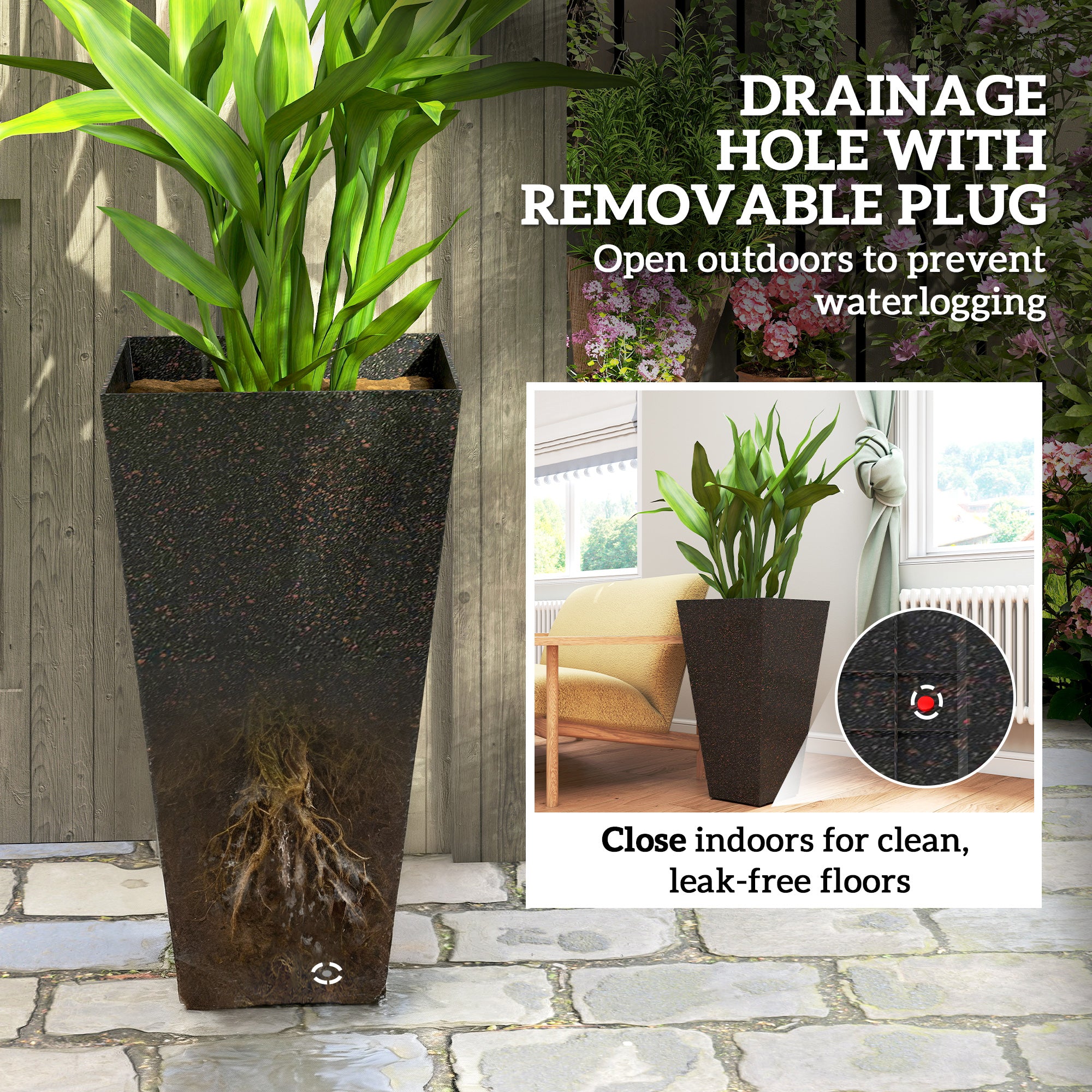 28" Tall Planters, Set of 3 Plastic Flower Pots with Marble Finish and Drainage Holes, Stackable Taper Planters