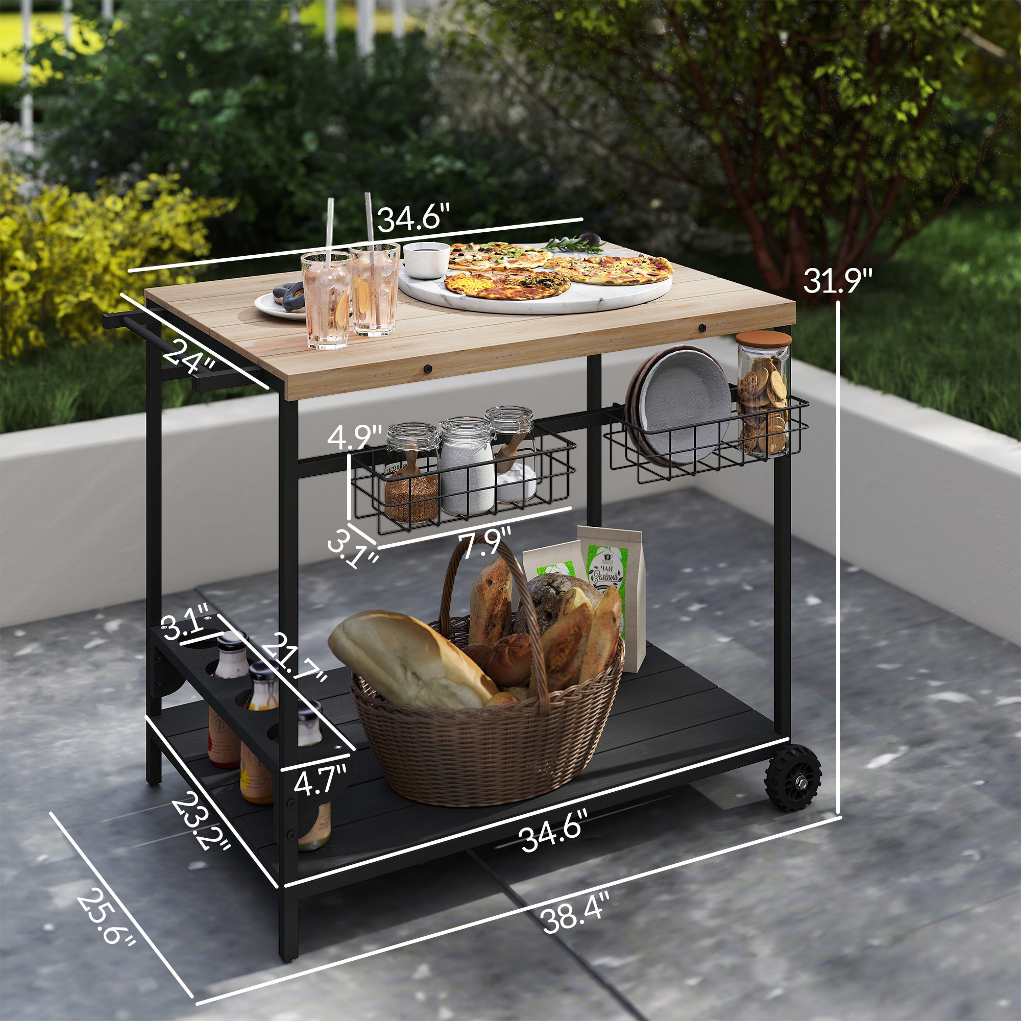 Outdoor Bar Cart Patio Serving Cart with Wine Holders Natural