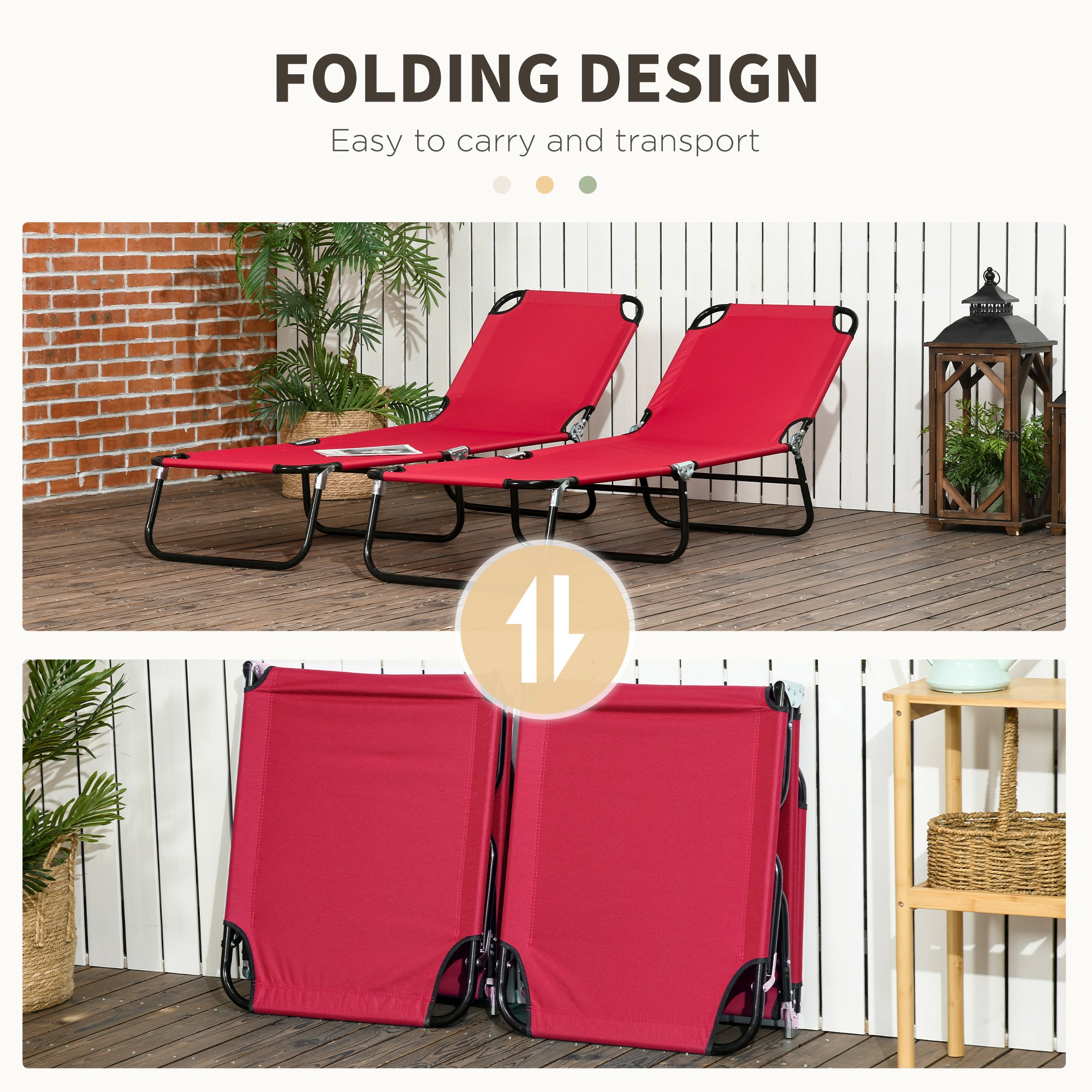 2 Piece Folding Chaise Lounge Pool Chairs, Outdoor Sun Tanning Chairs with 5-Level Reclining Back, Steel Frame for Beach, Yard, Patio
