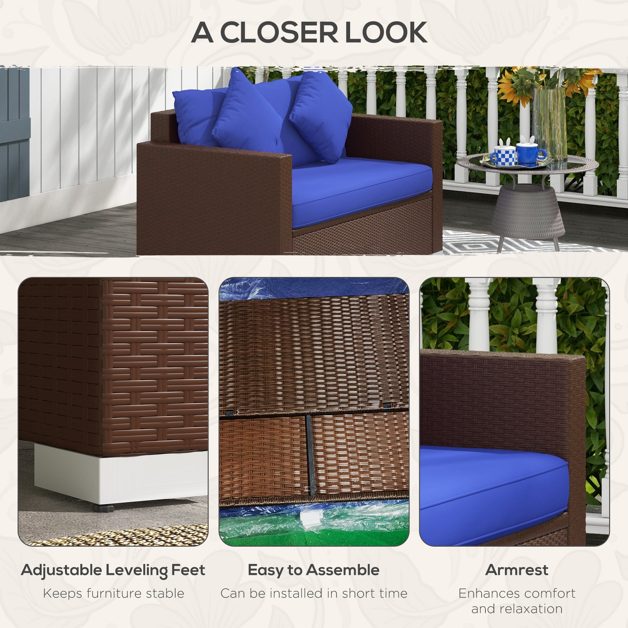 Outdoor Wicker Loveseat, Patio Furniture Couch with Cushions, 2 Seats PE Rattan Sofa, 2 Throw Pillows