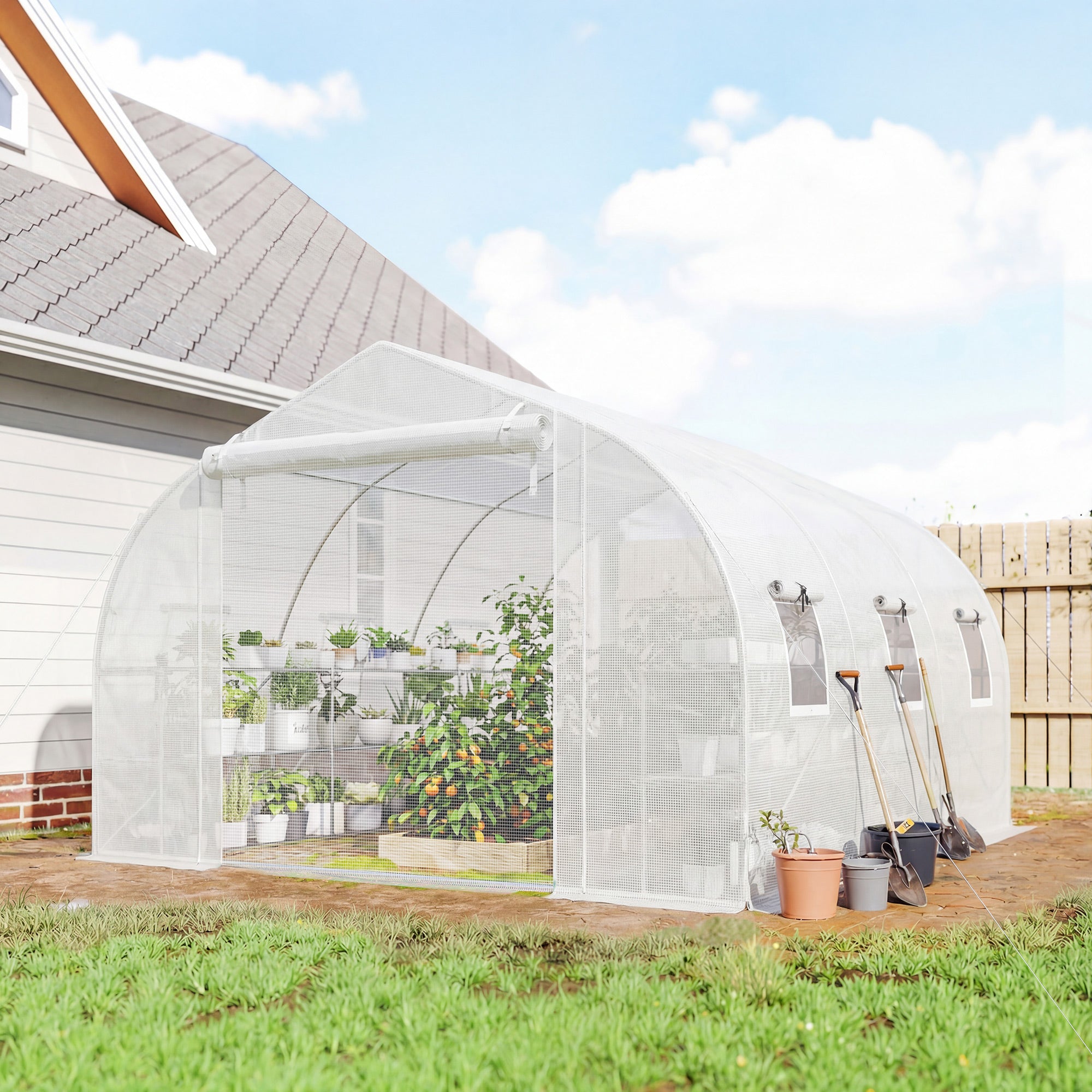 10'x11'x6' Walk-in Tunnel Greenhouse with Shelves, Mesh Door and Windows, Plant Hot House with PE Cover
