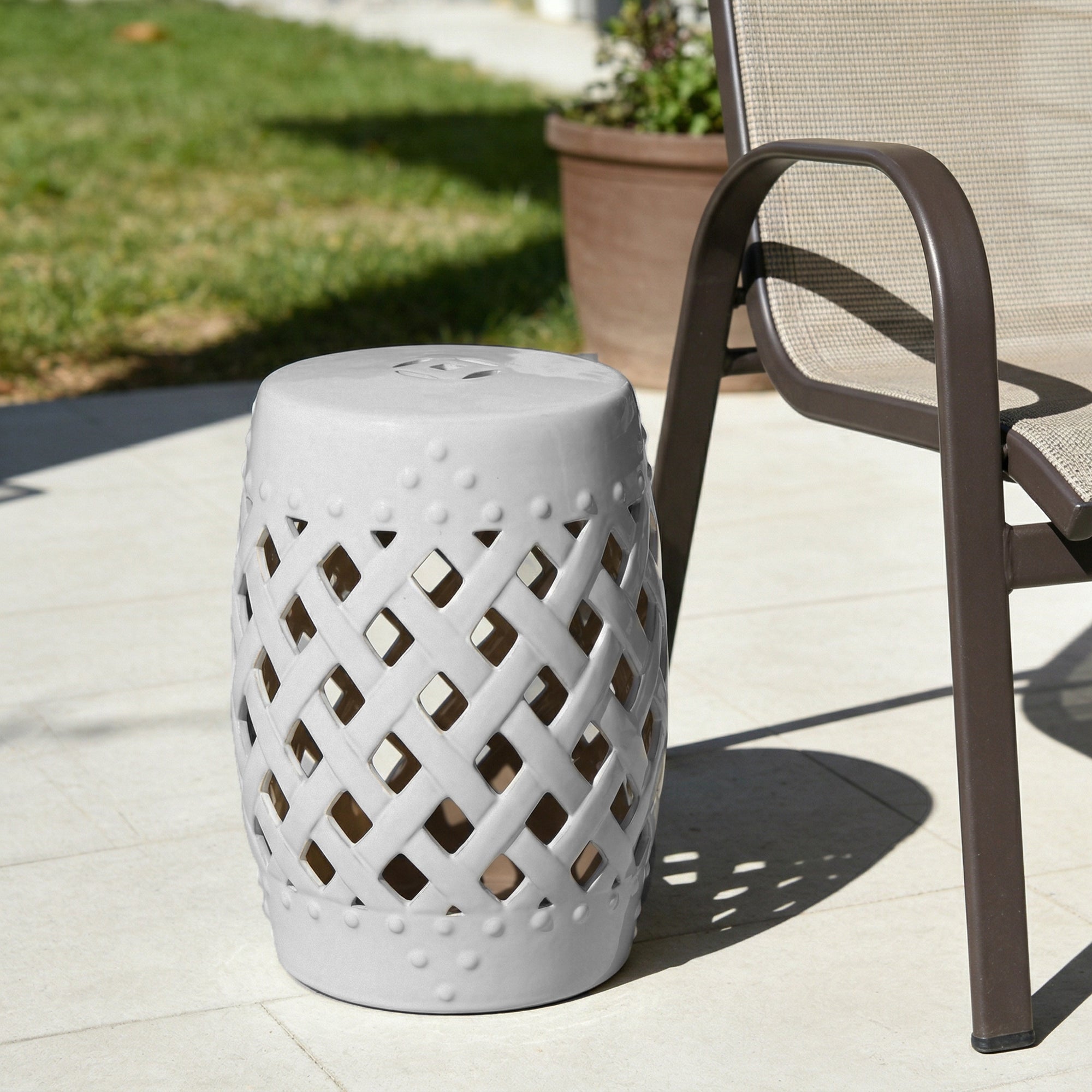 13" x 18" Ceramic Garden Stool with Woven Lattice Design & Glazed Strong Materials Decorative Outdoor Stool
