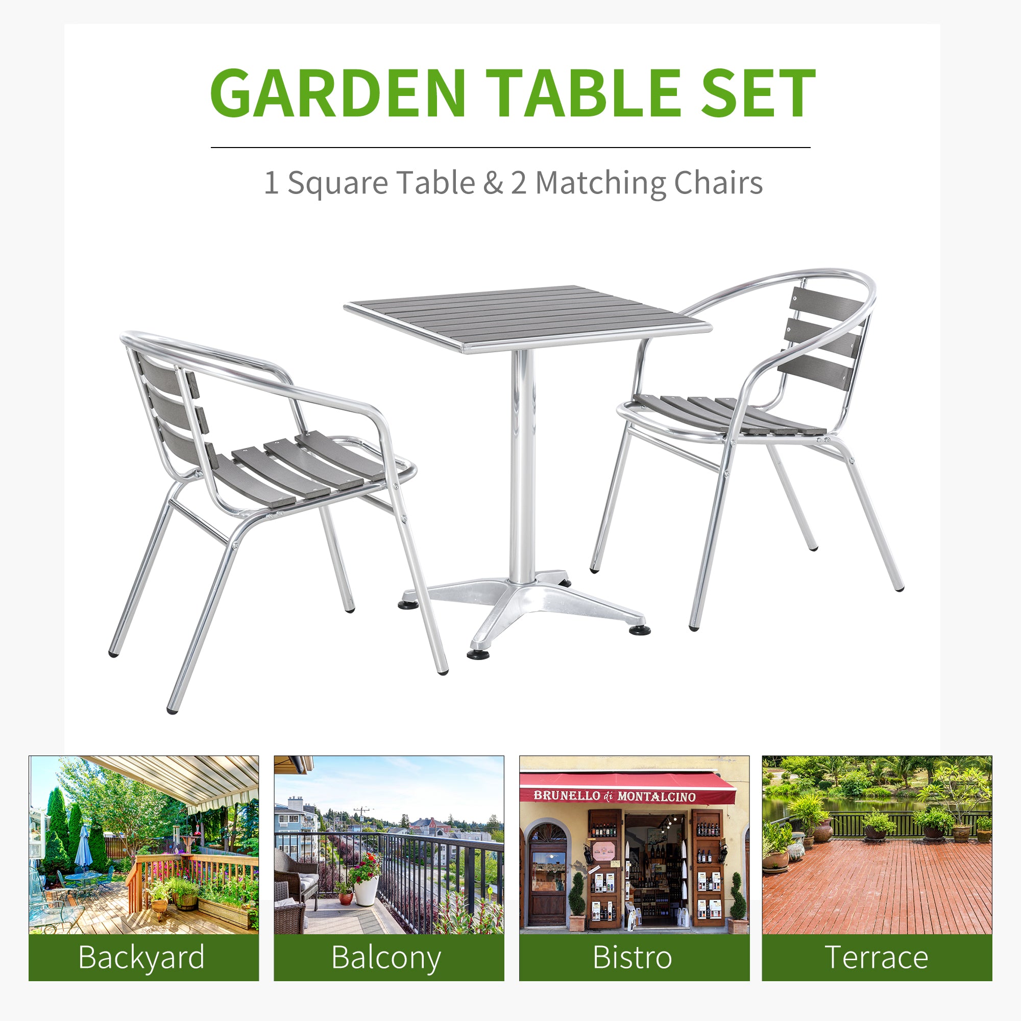 3-Piece Outdoor Patio Bistro Table Set with Aluminum Frame, Woodgrain-Style Tabletop & Draining Slat Design